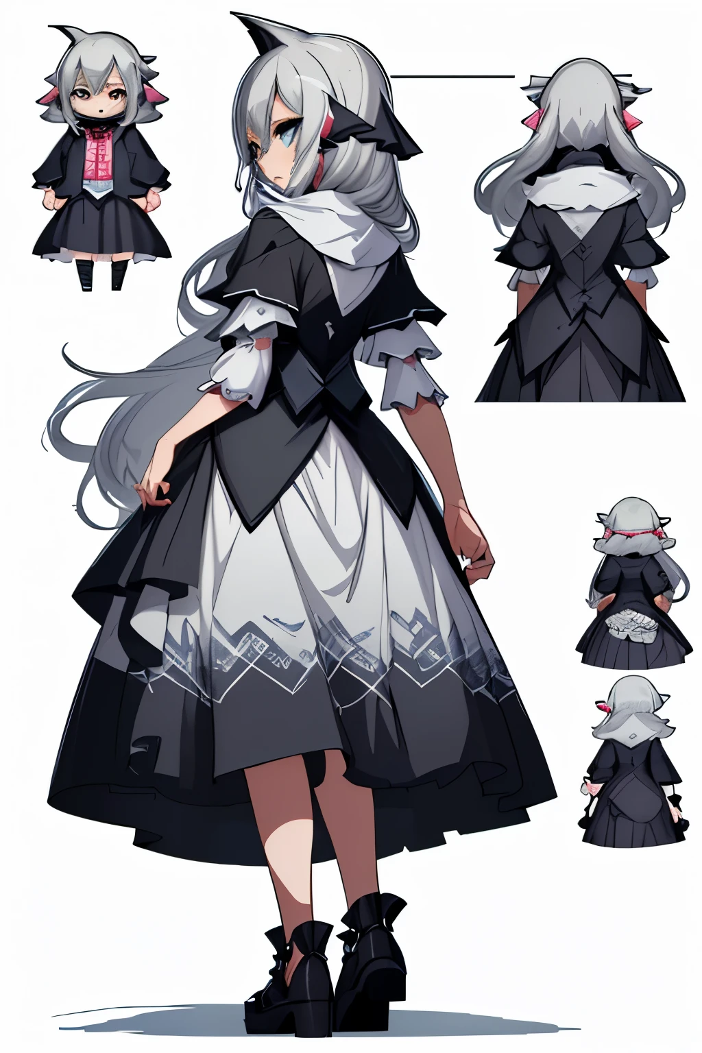 ((Masterpiece)), (highest quality))), (Character design sheet, national costume, same character, front, side, back), illustration, 1 girl, full body, silver hair, eye hair, beautiful eyes, princess cut, environmental change scene, short skirt, shyness, woman, girl, standing, goth , V-tuber, chartaan betarola, (simple background, white background: 1.3) ( Masterpiece:1.2), (Best Quality:1.3)