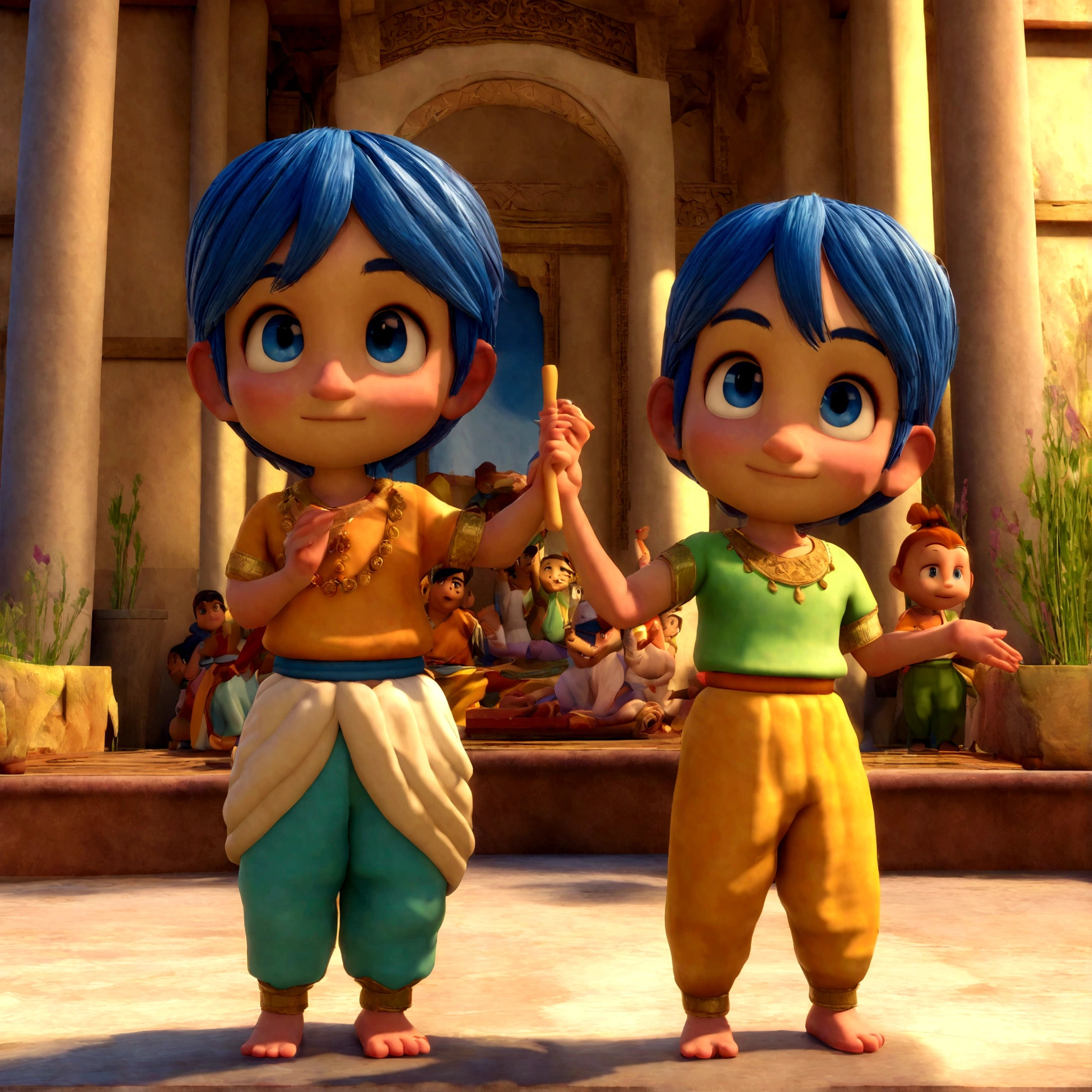 happy cute indian kids standing short hair, Pixar, ....3d, Krishna and Sudama friendship flute indian attire