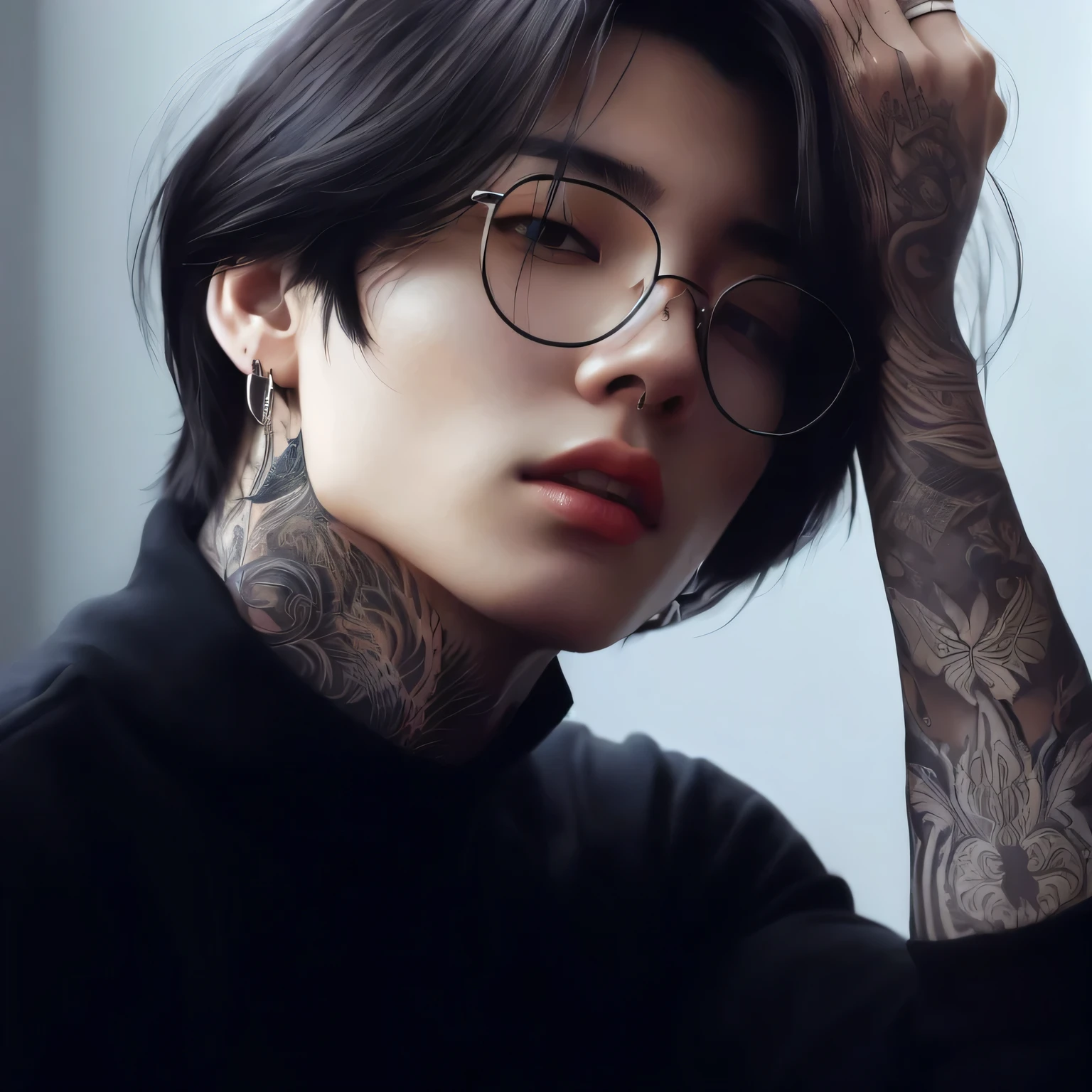 Arafa man with tattoo on arm and glasses, realism art style, estilo de arte realista, inspirado em Yanjun Cheng, Fotorrealista!!!!!!! Estilo de arte, retrato de alta qualidade, inspirado em Kim Deuk-sin, artista coreano, inspirado em jeonseok lee, Cai Xukun, hyperrealism art style, retrato altamente detalhado, obras de arte no estilo de guweiz