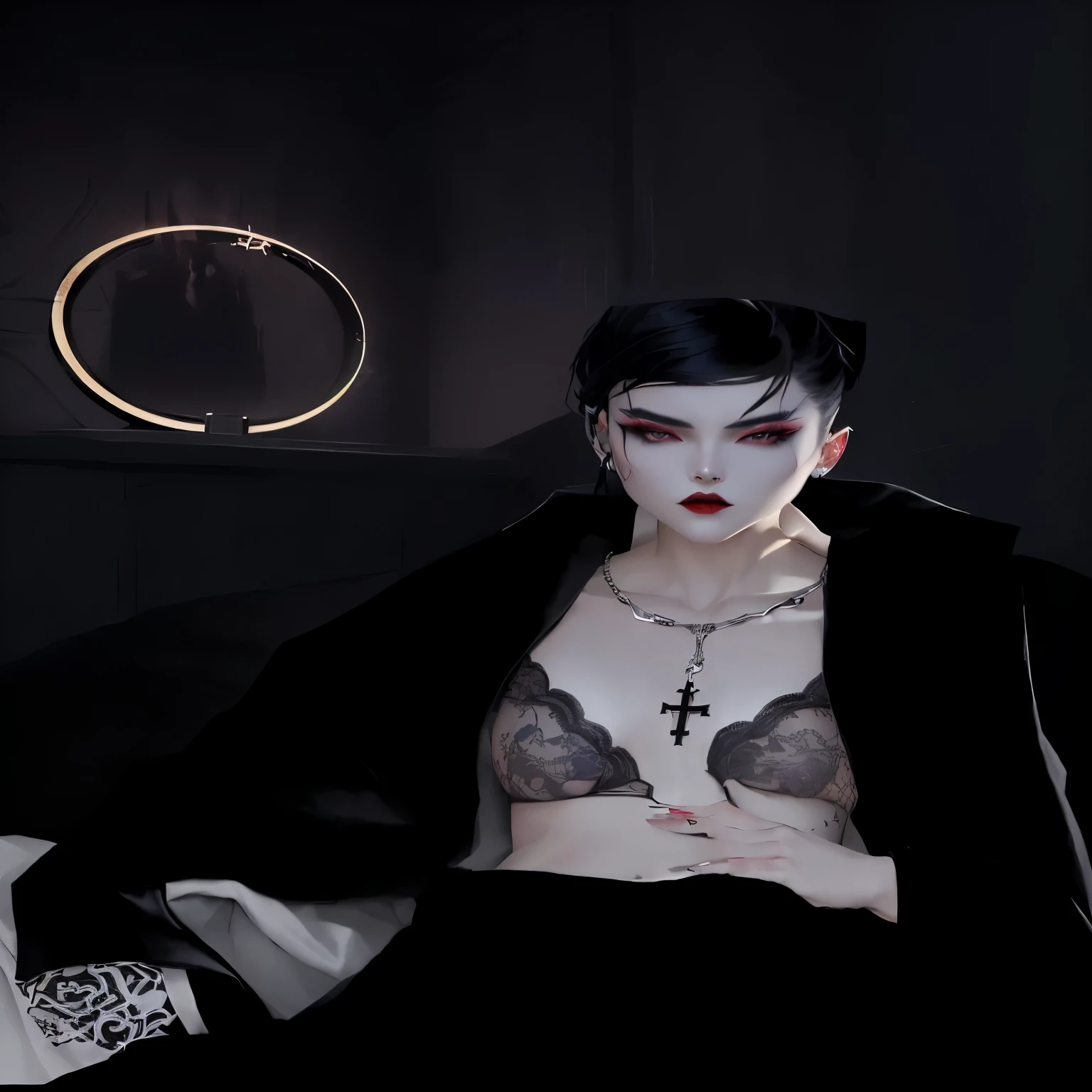 there is a woman sitting on a bed with a black jacket, androgynous vampire, wearing dark robe, evil devious male, second life avatar, inspired by Kim Deuk-sin, ((wearing aristocrat robe)), cruel korean goth girl, neo goth, wearing black robe, imvu, wearing cross on robe, vampire of clan lasombra