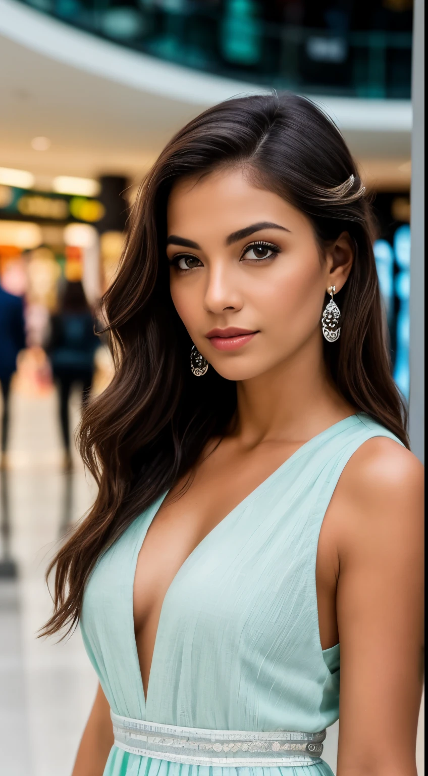 Foto RAW em sequencia, uma foto de uma adolescente 16anos, (((vestindo vestido branco moderno, no shopping em frente a escada rolante))), rosto detalhado, planos de fundo detalhados pouco desfocados, luzes naturais, hdr, foto realista, foto profissional, flerte com o espectador, Visual sexy, fotorrealista, Linda, pele natural, 8k hd, alta qualidade, cinematic grain, Fujifilm XT3. Rosto similar a Jenifer Lopes