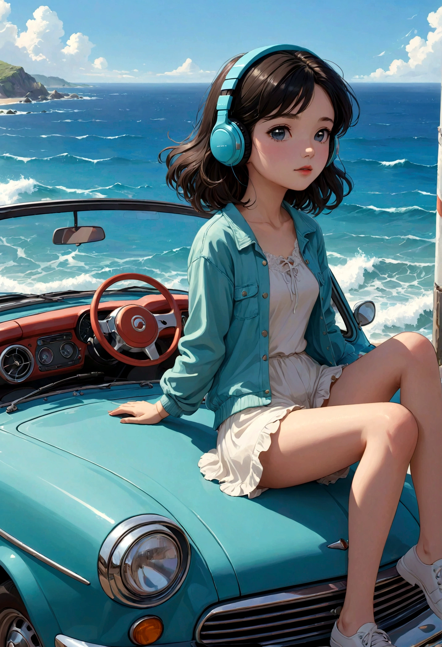 There is a sea in the background、Adult girl sitting on a cute car and listening to music while looking at the sea