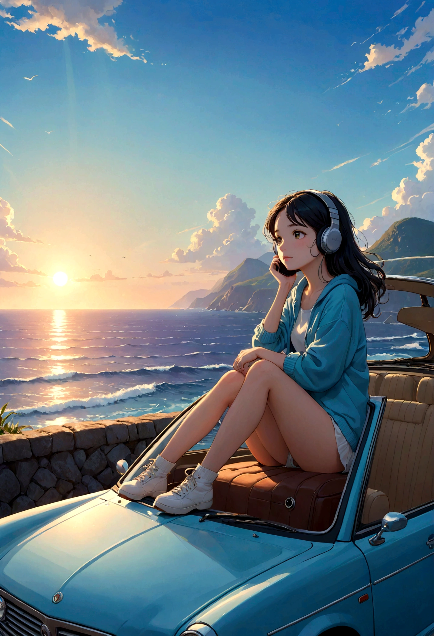 There is a sea in the background、Adult girl sitting on a cute car and listening to music while looking at the sea