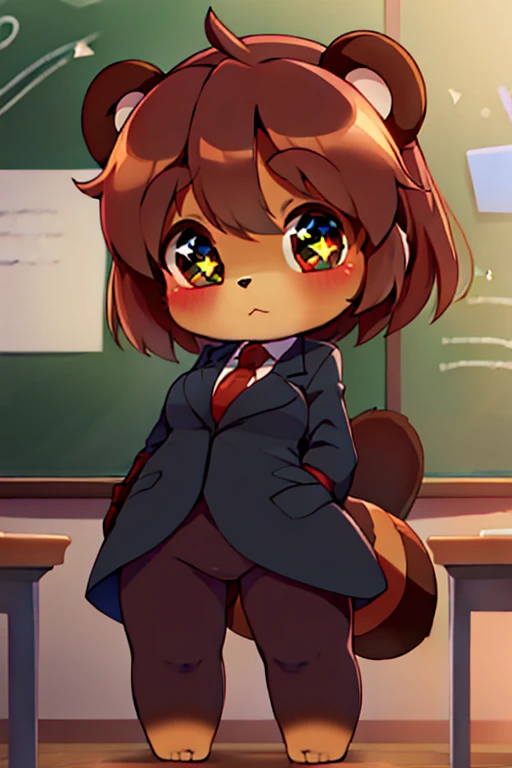 girl, tanuki, furry, bodyfur, tail, blazer, color tights, glove, barefoot, chibi, sparkling eyes, triplets, full body, school, classroom