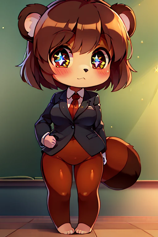 girl, tanuki, furry, bodyfur, tail, blazer, color tights, glove, barefoot, chibi, sparkling eyes, triplets, full body, school, classroom