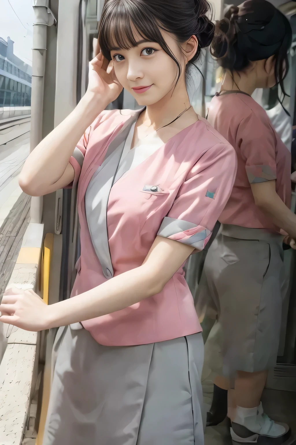 (masterpiece:1.2, highest quality:1.2), 32K HDR, High resolution, (alone、1 girl)、(On the rooftop of a building in the daytime、Professional Lighting)、Building rooftop background、(Nankai train crew uniform pinkを着たリアルスタイル)、(Nankai train crew uniform pink short sleeve pink jacket、Nankai Train Crew Uniform Pink Collarless Short Sleeve Blouse、Nankai Train Crew Uniform Pink Grey Knee-length Culottes)、Dark brown hair、(Hair tied up、Hair Bun、Hair Bun)、Dark brown hair、Long Shot、Big Breasts、Thin legs、((Great hands:2.0)),((Harmonious body proportions:1.5)),((Normal limbs:2.0)),((Normal finger:2.0)),((Delicate eyes:2.0)),((Normal eyes:2.0)))、smile、(Nankai Train Crew Uniform Pink Grey Knee-length Culottesを見せた美しい歩く姿)、Keep your hands natural