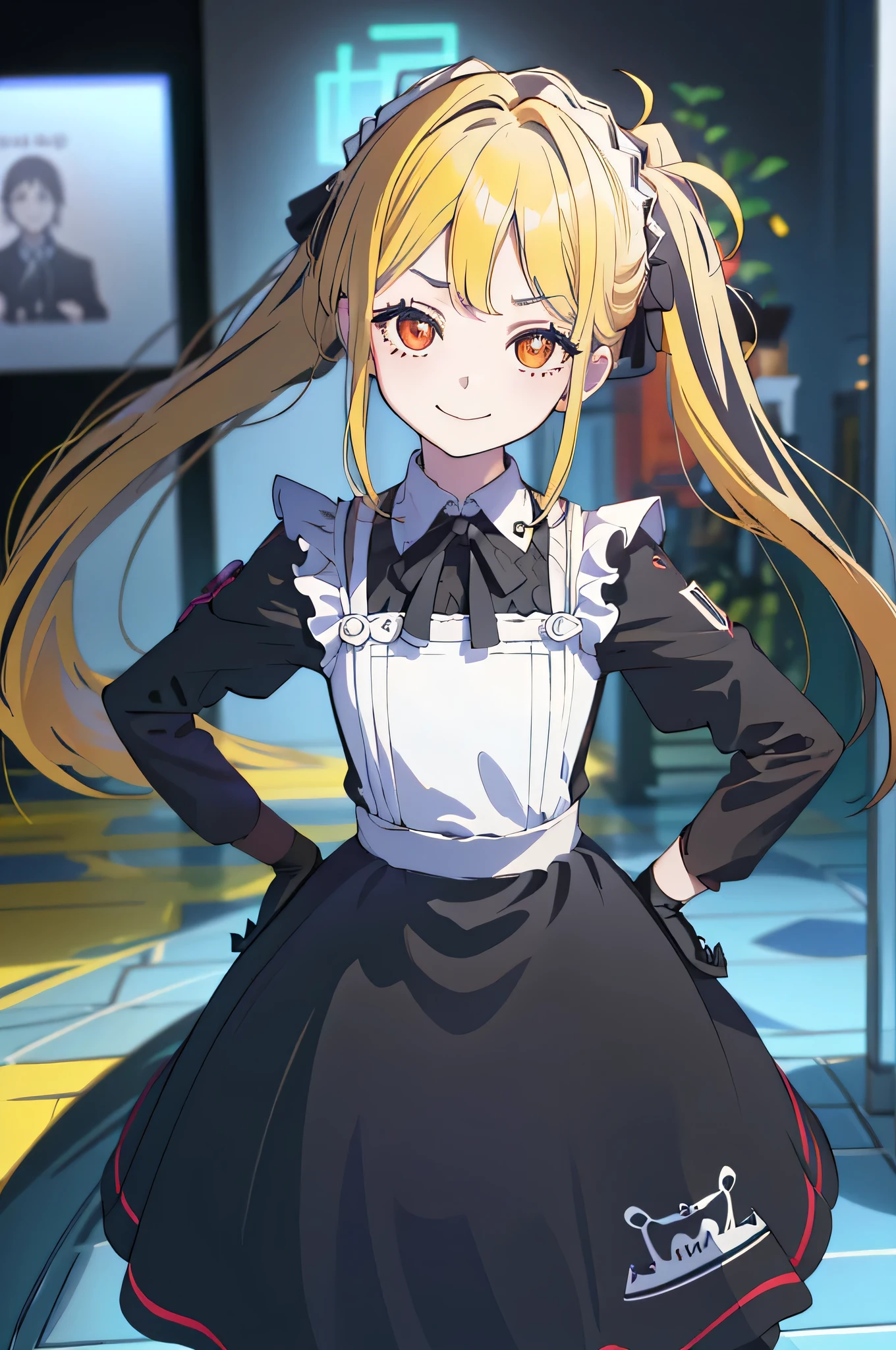 1 Girl, Solo, ((Evening Palace backgrouund)), Dress, Doll Girl,(8K, Best quality at best, tmasterpiece:1.2),\(Eyes detailed\),\(facial feature\),(\(clothes details details body lesbian,(surface focus) ,Very detailed CG unified 8k wallpaper,hugefilesize,ultra - detailed,A high resolution,hyper-detailing,(1 girl:1.3),(Alone),12year old,(:1.4),Haruka Kiritani,(/yellow hair/),medium hair details,(Sister head:1.32),shinning red eyes,(There is no feeling:1.25),gothic clothing,Straight dress,Long black lace gloves.dark gray, high twintails,furious,evil smile,((yellow hair)),Shoulder length hair,(((detailed background))),doll girl,doll girl,