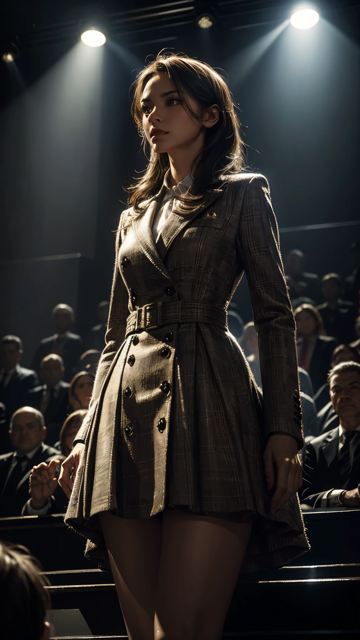 A well-dressed woman standing on a stage, bathed in spotlight, addressing a captivated audience, dramatic lighting, high contrast, hyperrealism, muted colors, (detailed textures, sharp focus, commanding presence).