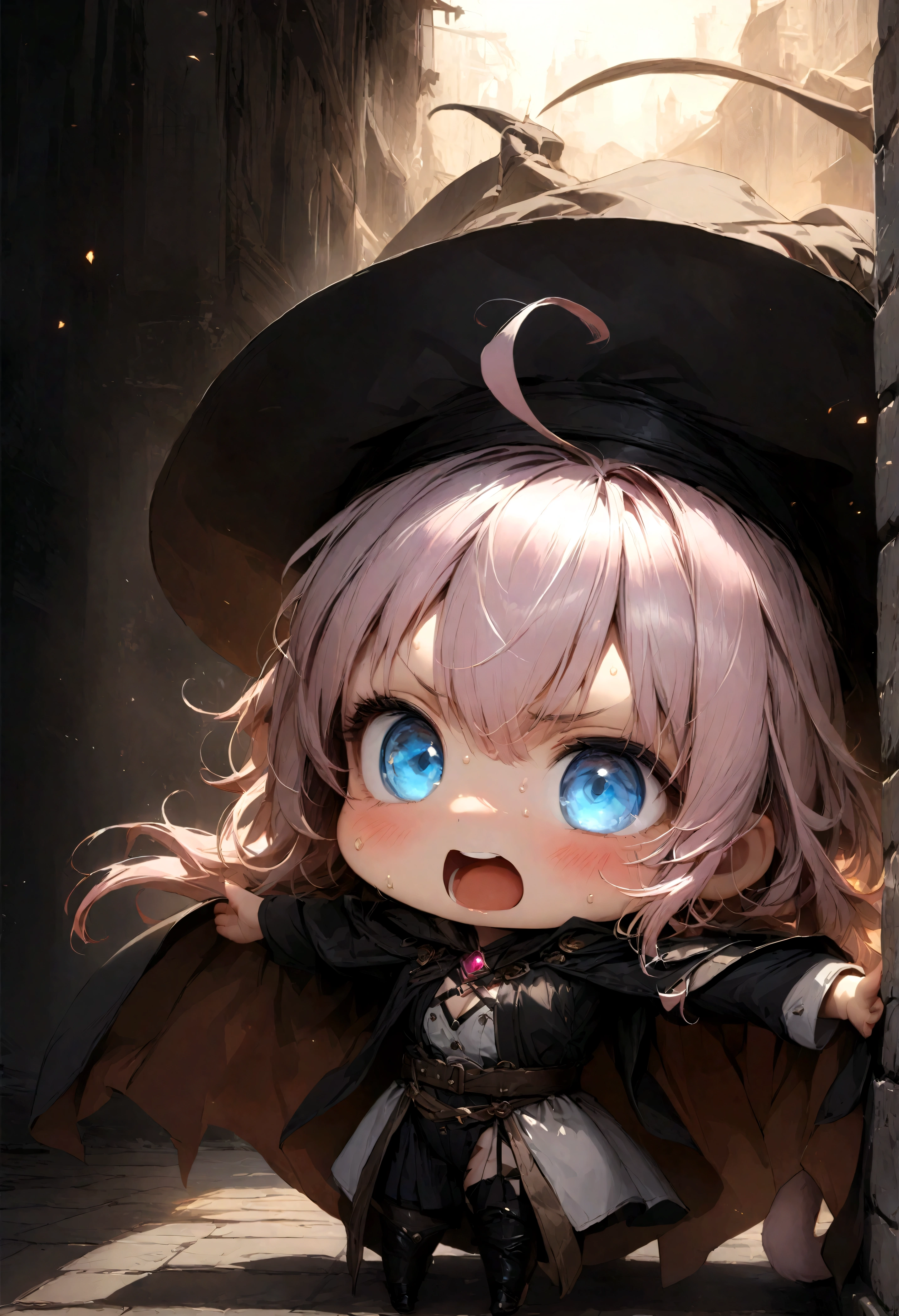 (((Top quality, 4k, 8k, high resolution, masterpiece: 1.2))), (super detailed), (realistic), (photorealistic), (photorealistic: 1.37), (HDR, UHD), (studio (lighting)), ultra-fine drawing, sharp focus, physically based rendering, highly detailed, professional, vibrant colors, perfect ditaile hand, highly detailed realistic eyes,
(((Panorama, Aerial view, Distant view))),
(((standing by brick wall))),
(chibi:1.3), chibi, Super deformed character, 1girl, solo, cute, young, kawaii,
handsome female witch, beautiful witch,
wizard's hat, wizard's tricorn hat, cat tail,
(mouth open, (mouth wide open), screaming),
pink hair, short fine hair, bangs, hair between eyes, hair ornament, ahoge, v-shaped eyebrows,
surprised face, blushing, sweat, heavy sweating,
blue eyes, no pupils, looking at viewer,
arms wide open, legs wide open,