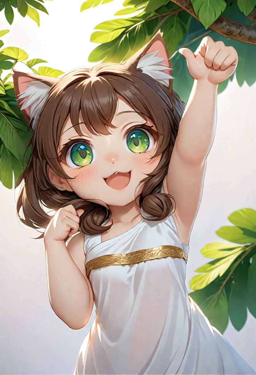 cat girl, chibi, cat girl-индеец, in Indian clothes, feathers on the head, brown hair, hair braided, green eyes, reaches for the sign, which hangs on a green tree, summer tree, Rendering, anime фоновое искусство, winner of the pixiv competition, Anime girl with cat ears cute!! chibi!!! cat girl, милый anime cat girl, with index finger, to some, anime cat girl!, cat girl, chimonomics, run, fluffy furafinity, masterpiece, top quality, Best quality, official art, Beautiful and aesthetically pleasing:1.2), 2d, (Best quality, masterpiece), anime, (very detailed face), (very detailed eyes), White background, Ideal lighting, (very detailed dressed in Indian clothing)