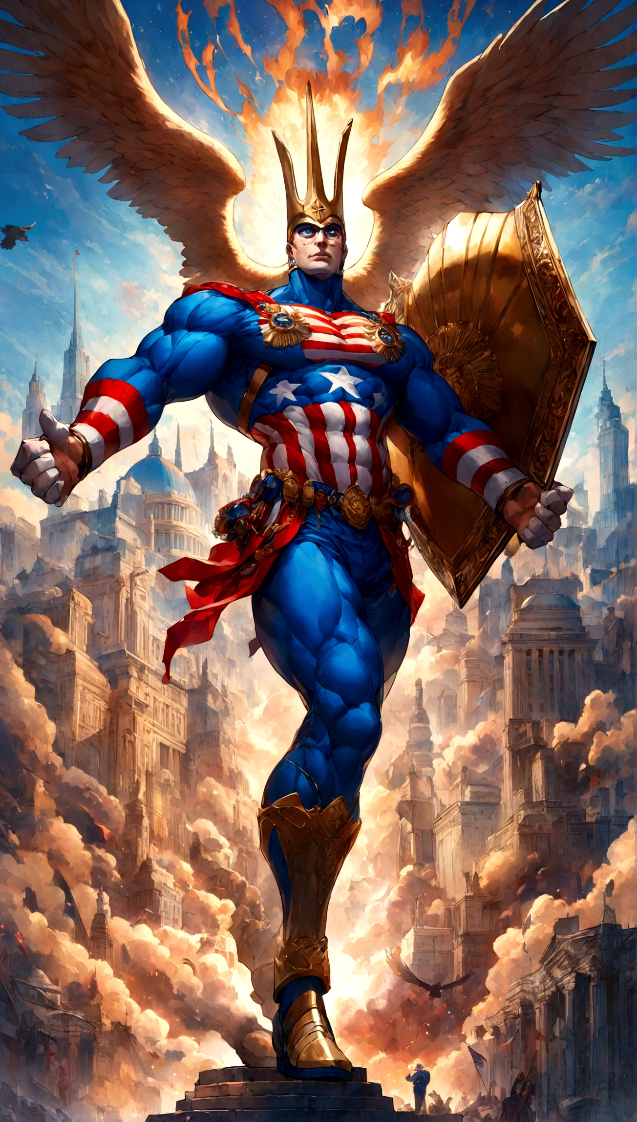 Background: A small, bustling American cityscape with iconic landmarks in the foreground. Captain Liberty looms large and imposing in the background against a clear, blue sky.
Description: Captain Liberty is a towering figure dressed in a red, white, and blue suit adorned with stars and stripes. His muscular physique embodies strength and determination. He wields a massive, glowing shield emblazoned with an eagle and carries a torch that radiates light and hope. His eyes are a piercing blue, filled with resolve and justice.