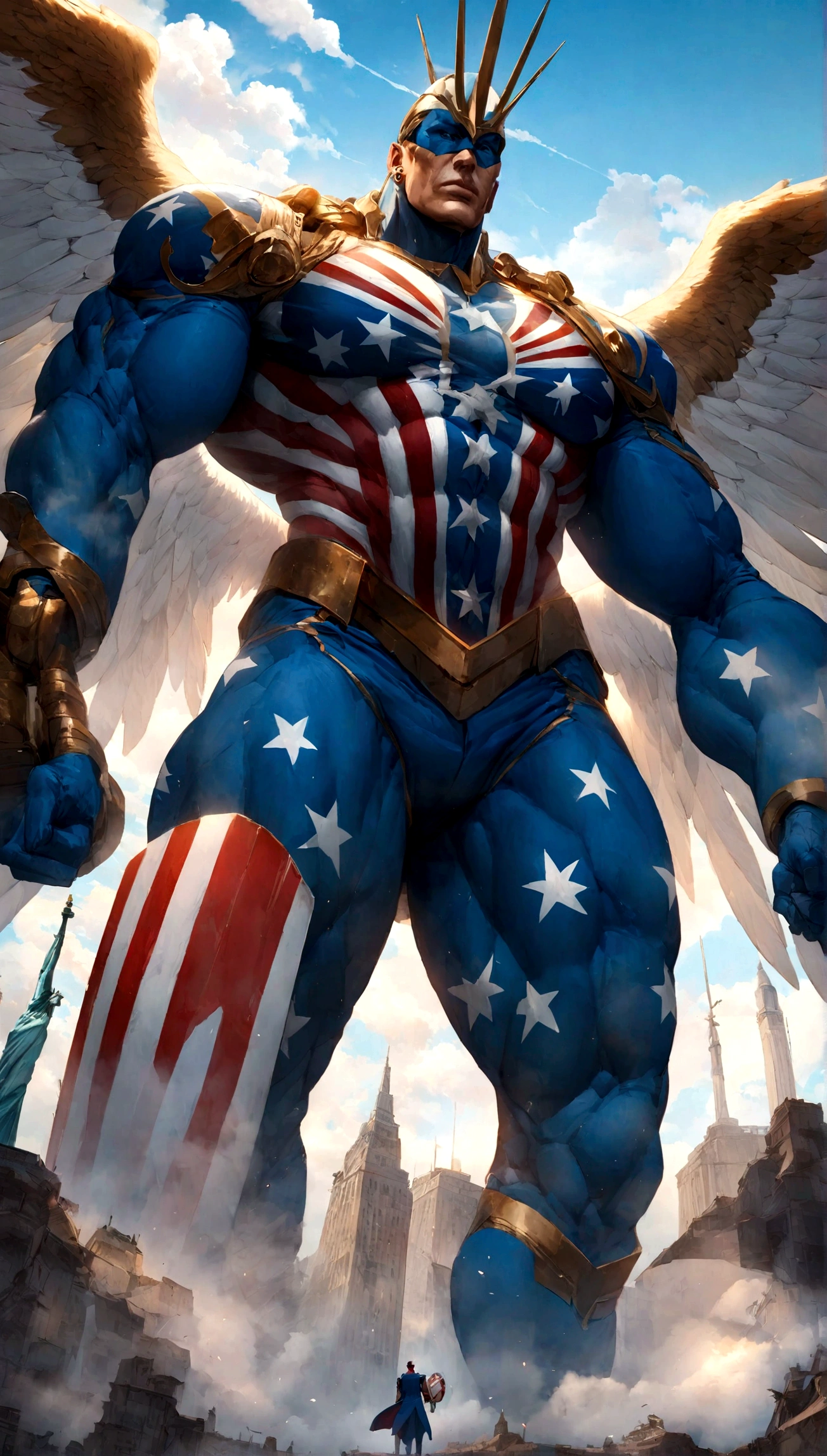 Background: A small, bustling American cityscape with iconic landmarks in the foreground. Captain Liberty looms large and imposing in the background against a clear, blue sky.
Description: Captain Liberty is a towering figure dressed in a red, white, and blue suit adorned with stars and stripes. His muscular physique embodies strength and determination. He wields a massive, glowing shield emblazoned with an eagle and carries a torch that radiates light and hope. His eyes are a piercing blue, filled with resolve and justice.