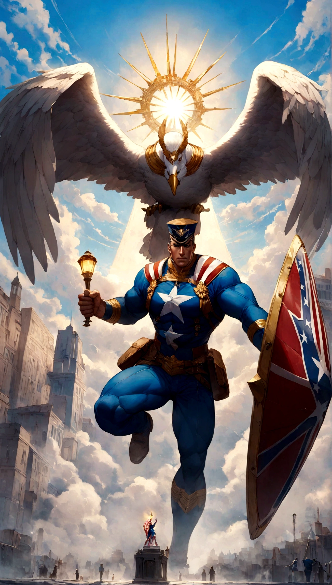 Background: A small, bustling American cityscape with iconic landmarks in the foreground. Captain Liberty looms large and imposing in the background against a clear, blue sky.
Description: Captain Liberty is a towering figure dressed in a red, white, and blue suit adorned with stars and stripes. His muscular physique embodies strength and determination. He wields a massive, glowing shield emblazoned with an eagle and carries a torch that radiates light and hope. His eyes are a piercing blue, filled with resolve and justice.