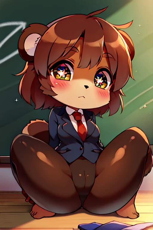 girl, tanuki, furry, bodyfur, tail, blazer, color tights, glove, barefoot, chibi, sparkling eyes, triplets, full body, school, classroom, spread legs