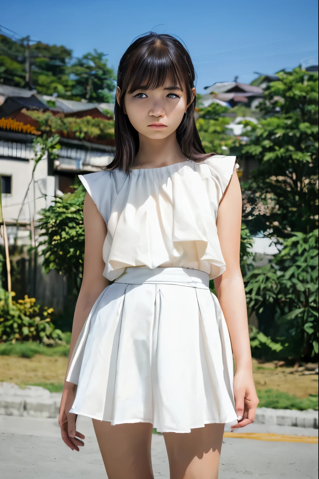 photorealistic, 1 lapanese girl, lowteen, small breast, lookin at viewer, about to weep, field of depth, bokeh,