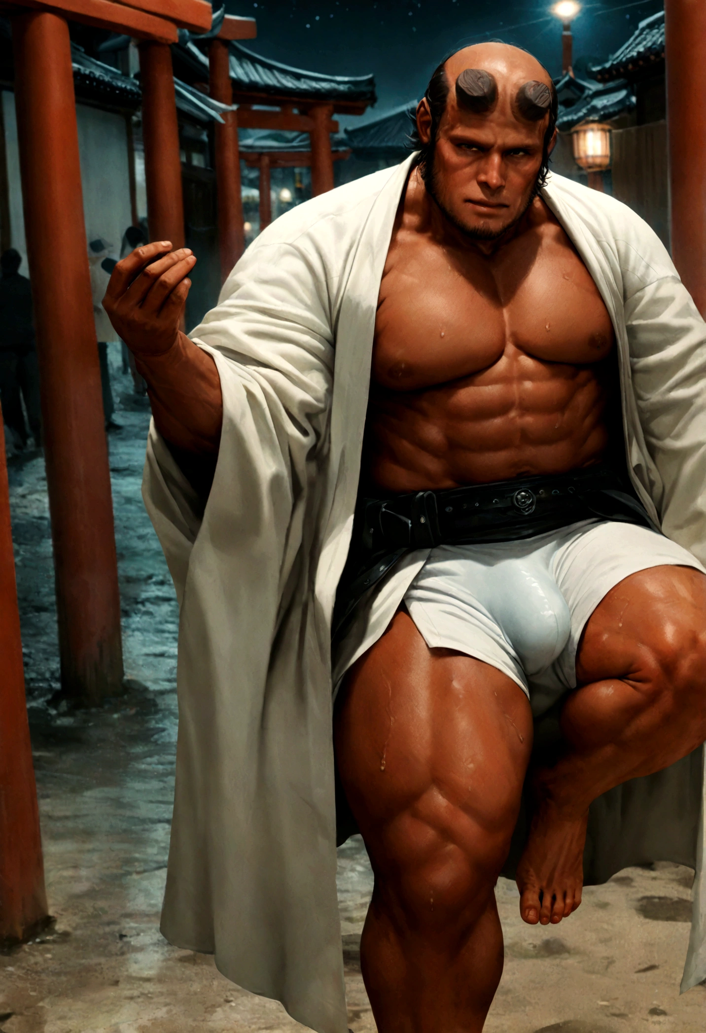 sexy mature daddy, tanned-skin, big bulge, darker skin, stubble, muscular, best quality, masterpiece, super high resolution, detailed background, realism, illustrations, single, 1 boy, torii, muscle, volumetric lighting, depth of field, facial hair, ryu, white clothes, black belt, light particles, massive bulge, starry sky, martial artist, sweating, short hair, perfect eyes, bare feet