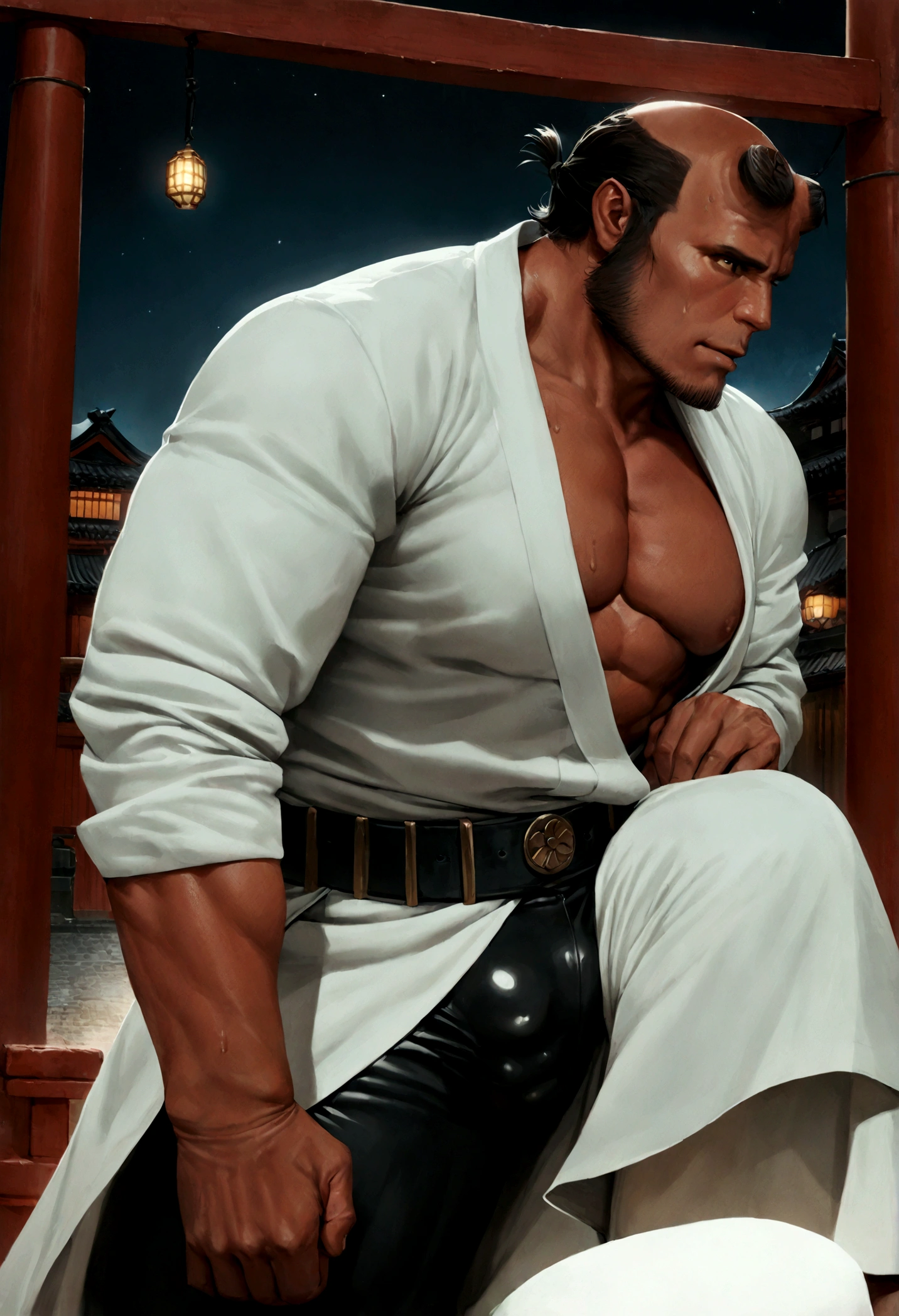 sexy mature daddy, tanned-skin, big bulge, darker skin, stubble, muscular, best quality, masterpiece, super high resolution, detailed background, realism, illustrations, single, 1 boy, torii, muscle, volumetric lighting, depth of field, facial hair, ryu, white clothes, black belt, light particles, massive bulge, starry sky, martial artist, sweating, short hair, perfect eyes, bare feet