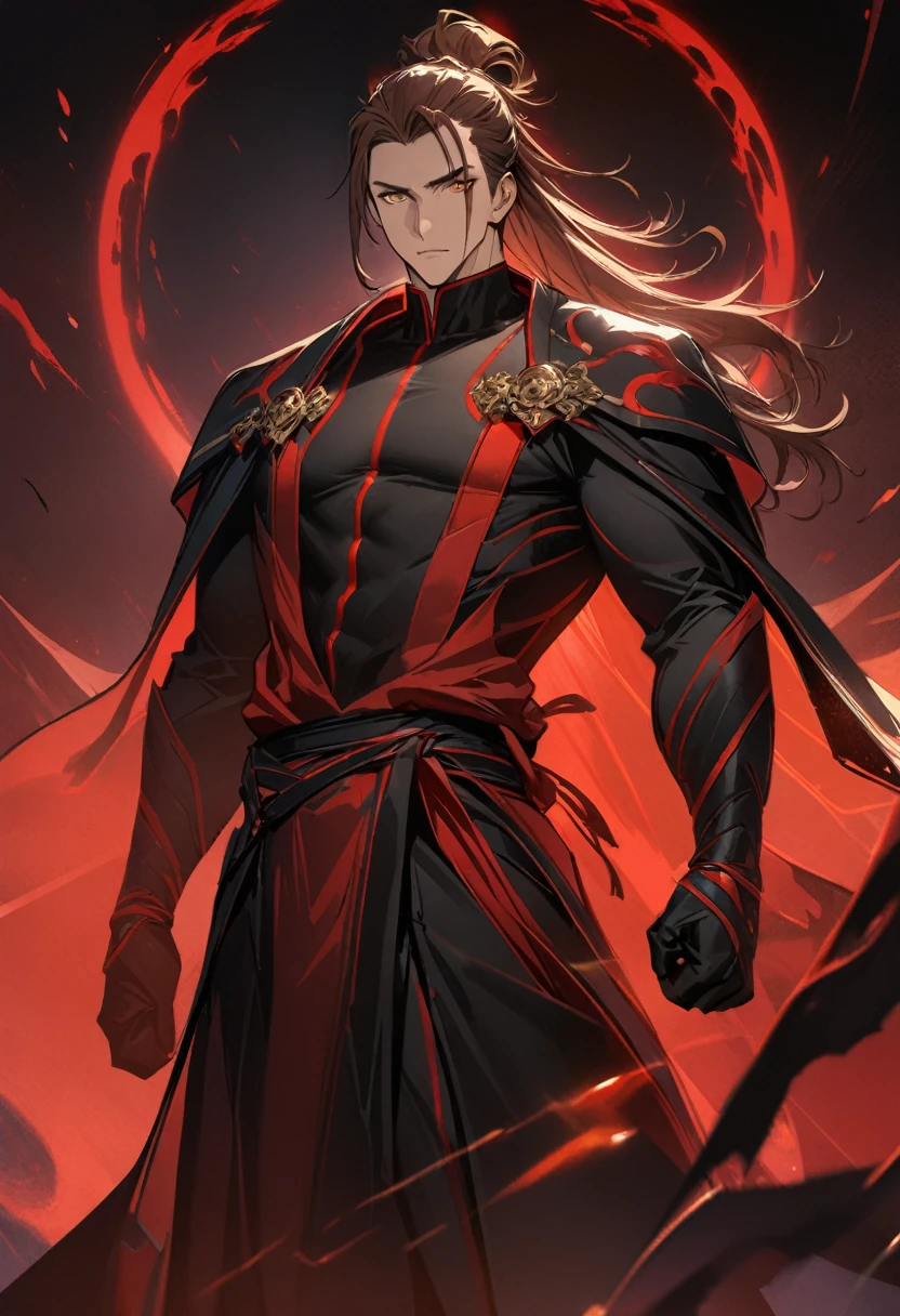 8K resolution, Highly detailed, Digital Painting, Concept art, of the highest quality, Best quality, One, handsome, 1 man, with a sporty body, wide shoulders, black martial arts mantle with red stripes, long hair, brown hair and tied hair, golden eyes, red threads, black light