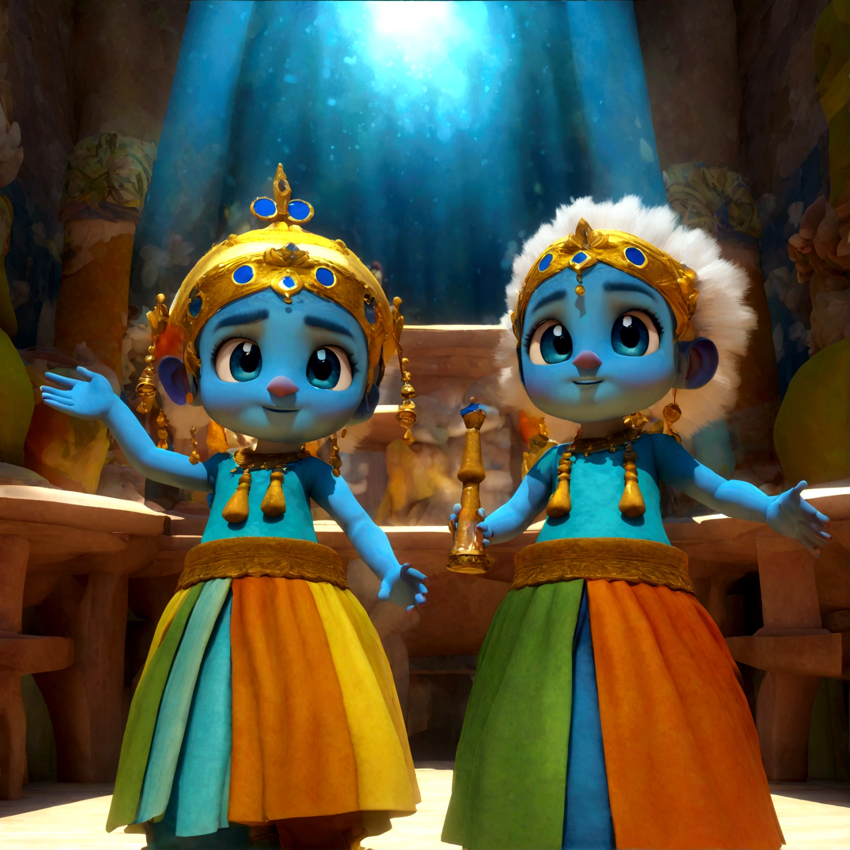 happy cute indian kids standing short hair, Pixar, ....3d, Krishna and Sudama friendship flute indian attire. Krishna with blue color skin