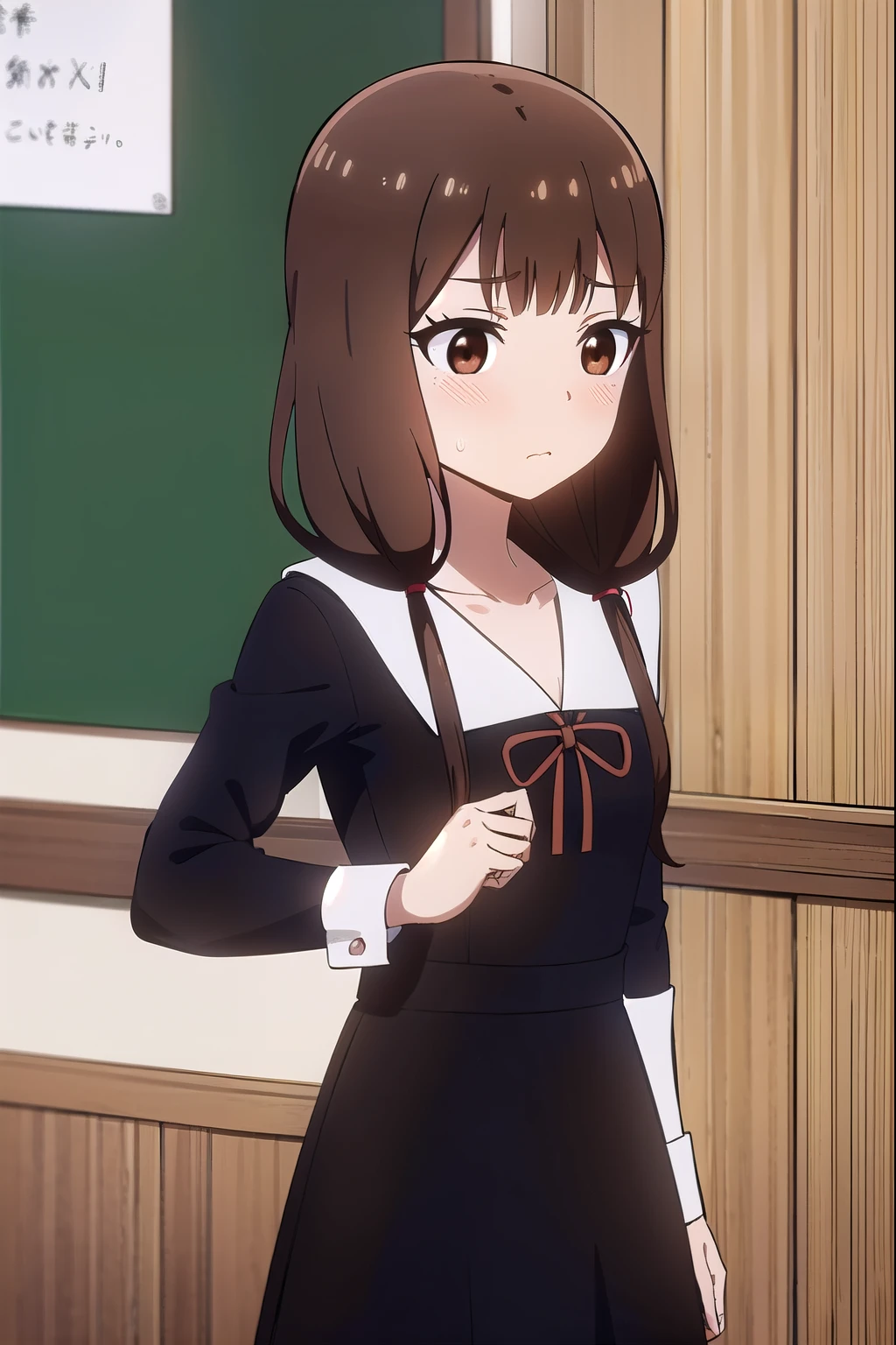 ((masterpiece:1.3, highly detailed:1.3, highres:1.1, best quality, HD, full image)),((school view, hallway, classes, trees)),((mikoiino, miko iino, blunt bangs, (brown eyes:1.5), brown hair, hair tie, long hair, low twintails, red ribbon, ribbon, twintails)),(long sleeves:1.2), dress, ribbon, collarbone, (black dress:1.2), sailor collar, white sailor collar, red ribbon, neck ribbon, shuuchiin academy , armband, indoors, classroom,looking at viewer, (cowboy shot:1.5),(masterpiece:1.2), best quality, high resolution, unity 8k wallpaper, (illustration:0.8), (beautiful detailed eyes:1.6), extremely detailed face, perfect lighting, extremely detailed CG, (perfect hands, perfect anatomy),((shy face, blushing, embarrassed)),((medium size breasts))