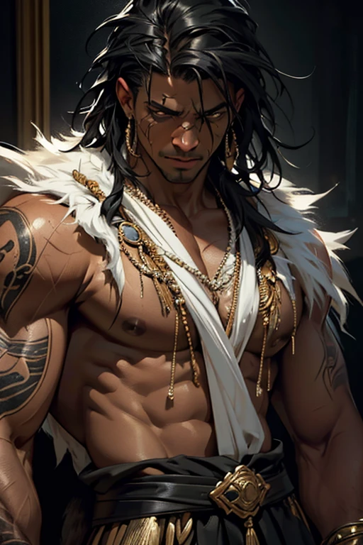 a tall black man from brazil with amarelo eye and branco eye and full black hair with scars, slightly indigenous, detailed portrait, hyper realistic, cinematic lighting, dramatic pose, moody atmosphere, intricate details, oil painting, award-winning, masterpiece, ultra-detailed, best quality, 8k, photorealistic um pouco mais negro