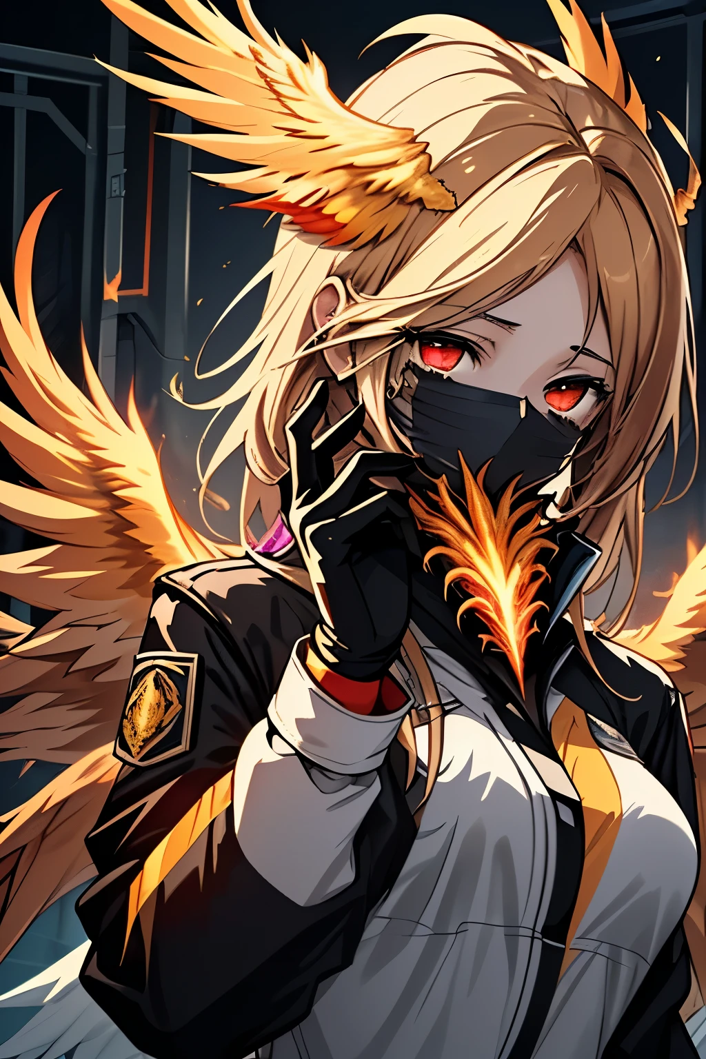 (upper body:1.3), 1girl,hoenix keeper, fireproof suit with a golden phoenix emblem, fire cage with obsidian bars, phoenix nest with shimmering golden feathers, talon gloves for handling the phoenix, fire ruby for feeding the phoenix,
