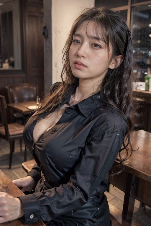 (8K, best quality, masterpiece: 1.2), (Practical, Reality: 1.37), Super detailed, 1 girl, Lovely, Solitary, Beautiful and detailed sky, Detailed café, night, sit, date, ( blush), (Crying emoticon: 1.15), Huge breasts, Cleavage，Beautiful details, (Collared shirt、Wet shirt: 1.3), night, wet, Business Attire, rain, White lace, (Long curly hair: 1.2), Flowing HairNovaFrogStyle,