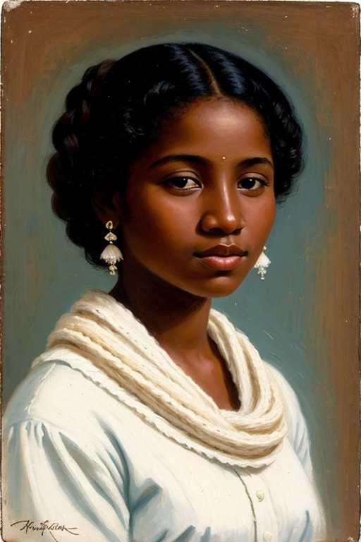 Painting of an old photograph from the 1800s of a medium shot of a dark-skinned woman with a wide nose and full lips, aspecto africano un poco gorda sin cabello, She is a slave of about 20 years old., con una bufanda blanca en la cabeza con una bufanda, sus vestimentas son arapientas pintura al estilo de Jean Paul Croquineur.  clausura, vista frontal con plano, pen, [color de tinta], tonos sucios, de colores