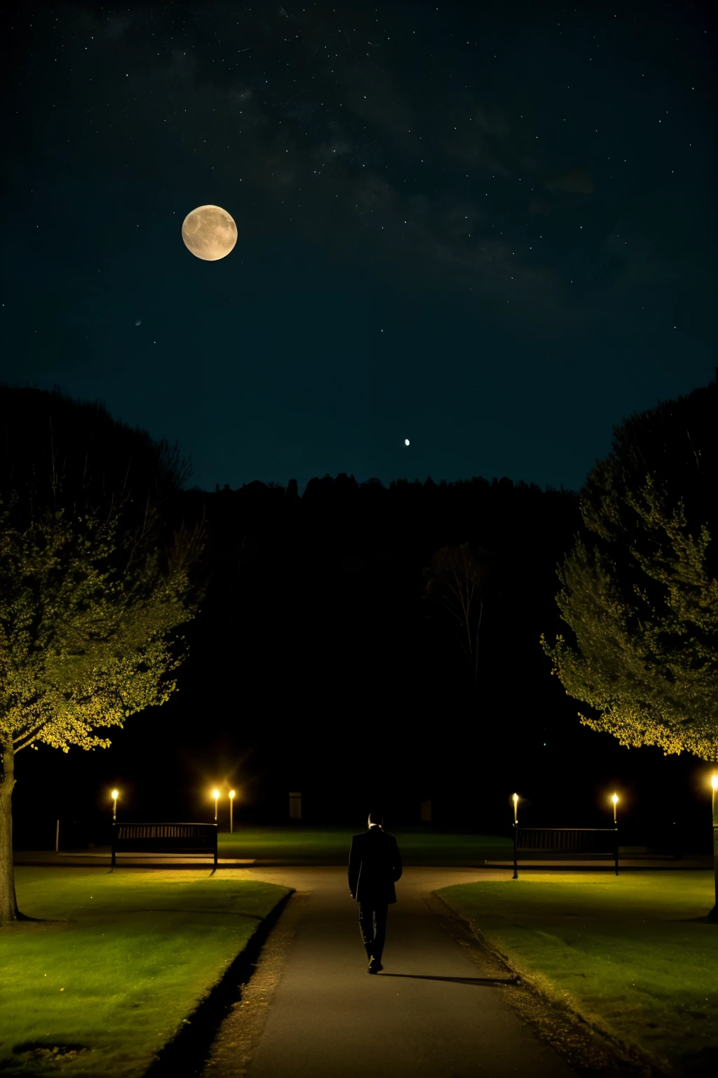 a small town at night with a person in black walking on a lawn with a large dragon flying towards the moon