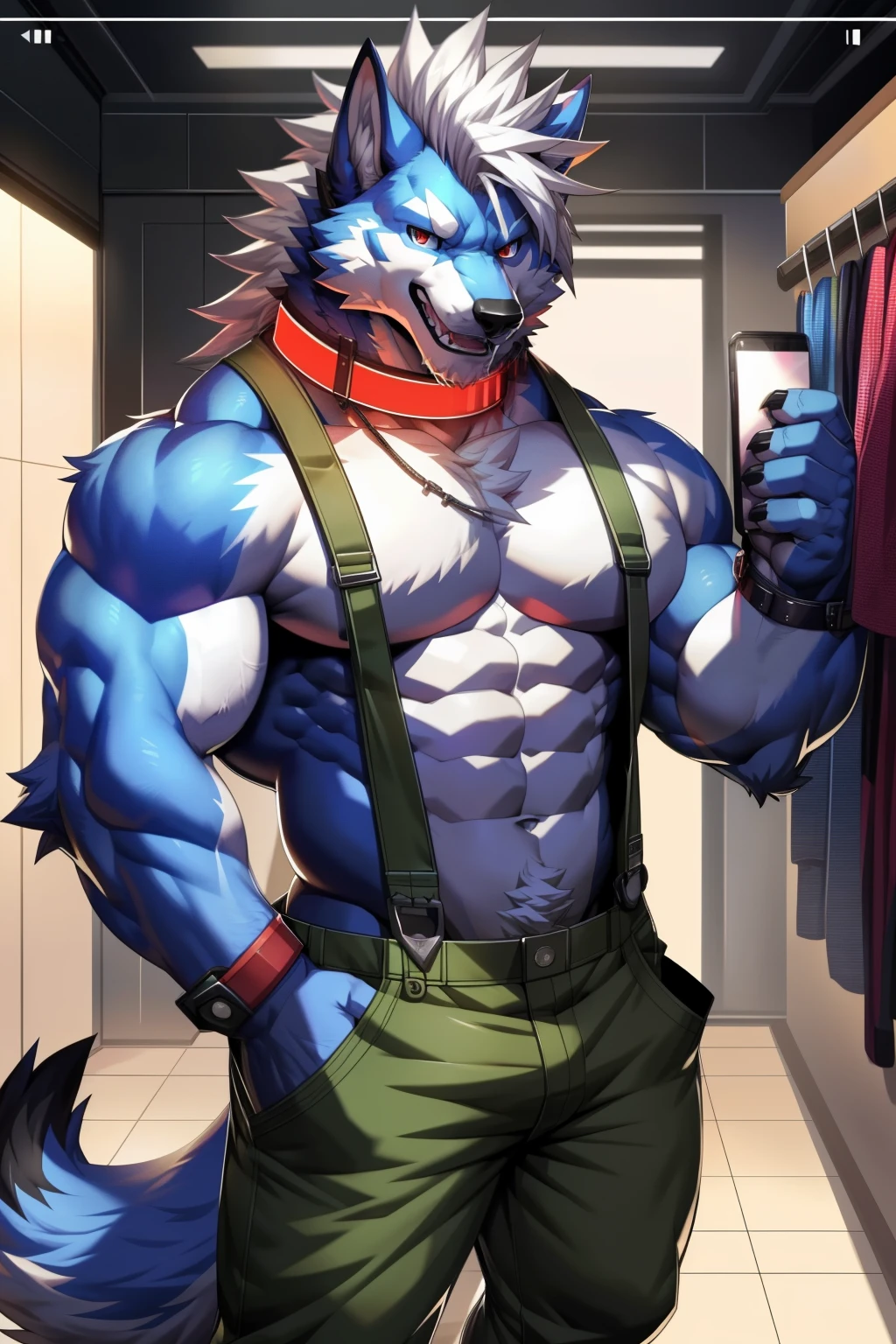 solo, anthro, furry, furry male, wolf, ((fluffy fur, fluffy, furry body)), (wolf print), red eyes, hair tuft, long hair, (light blue body, blue body, muscles), wolf tail, ((white hair, mohawk hair)), (white muzzle, white forearms), Camera Recording POV, Camera POV, security footage pov, exposing stomach, phone in hand, detailed fluffy fur, detailed face, detailed eyes, mechanic overalls, mechanic outfit, dirty overalls, zipper undone, half naked, olive green mechanic overalls, tight clothes, white shoes, black aviator sunglasses, smaller arms (full body, round ass, fluffy ass, Red LED glowing collar), cyberpunk, valorant,(by DRKS, by raccoon21, by Sollyz, by null-ghost, masterpiece, high quality,hi res,8k hd), close-view portrait, looking at viewer, indoors, changing room, clothing store, cute face, open mouth, teeth, detailed teeth, grinning expression, camera view angled from above, heavy shadows, athletic build, full body,