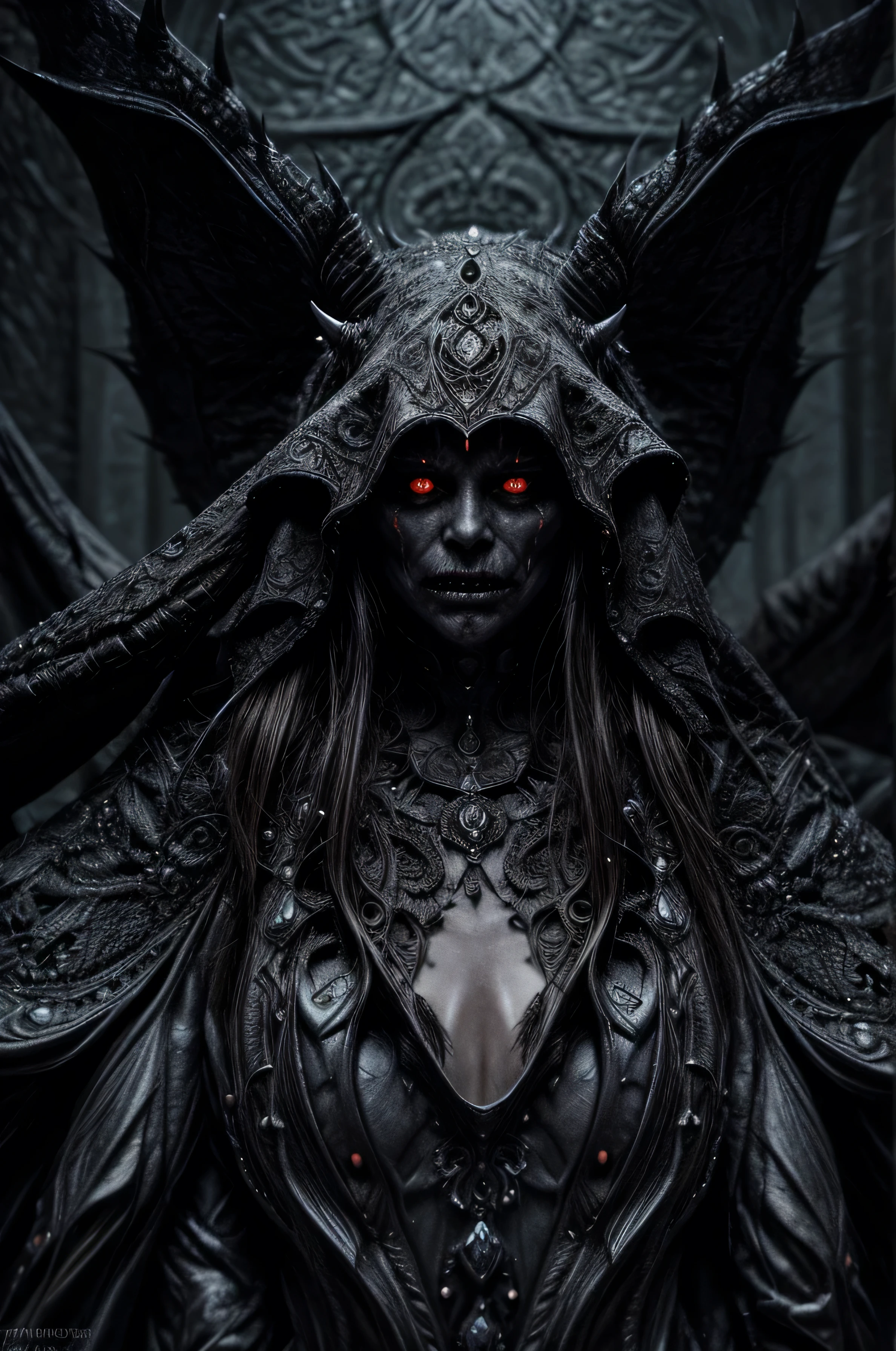 The possesed Demonic Lich Queen, fantasy, extremely detailed, intricate detail, award winning portrait, crystal clear image, intricate details, scary, eerie, levitating, glowing eyes, razor teeth