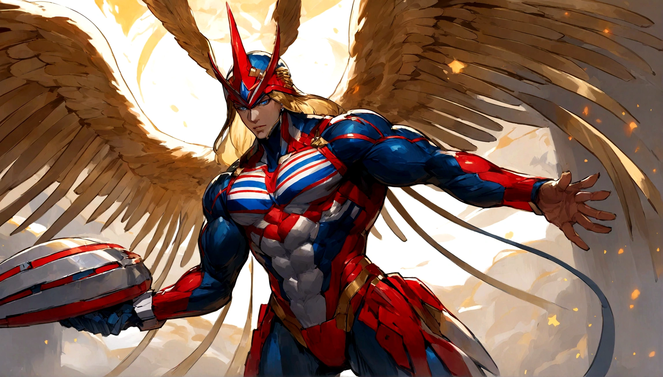 Description: Captain Liberty is a towering figure standing at 1,500 feet tall, dressed in a form-fitting suit of red, white, and blue, adorned with stars and stripes. His suit is made of a flexible, high-tech material that reflects his nation's innovation. He has a massive, glowing shield emblazoned with an eagle that can deflect any attack. In his other hand, he holds a torch that radiates an intense, golden light symbolizing freedom and hope. His muscular physique embodies strength and determination, and his piercing blue eyes are filled with resolve and justice.