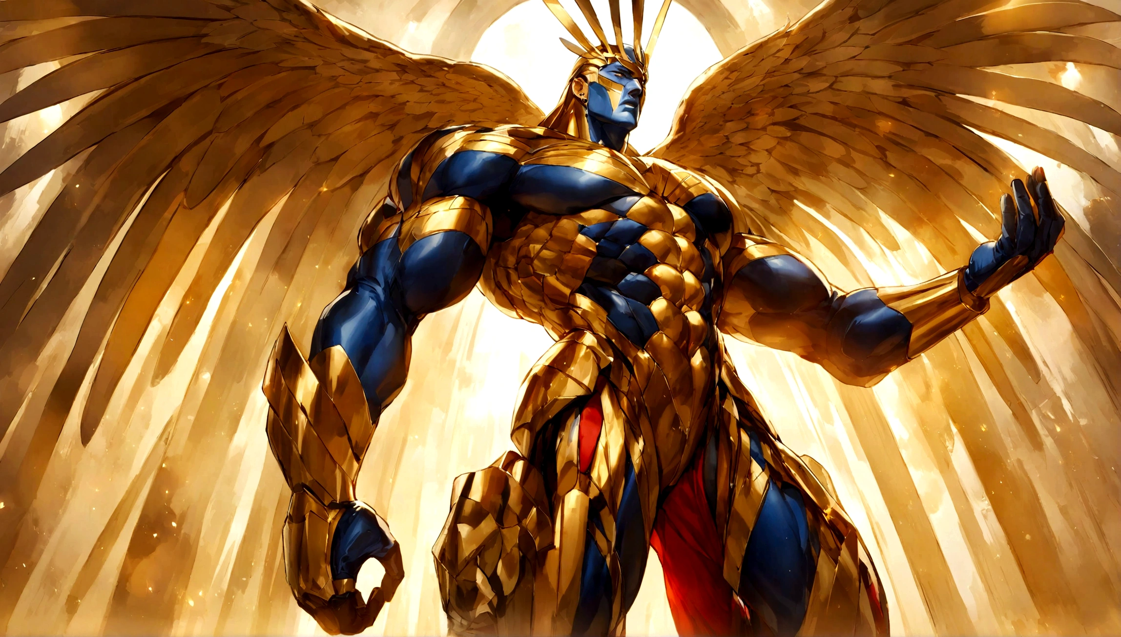 Description: Captain Liberty is a towering figure standing at 1,500 feet tall, dressed in a form-fitting suit of red, white, and blue, adorned with stars and stripes. His suit is made of a flexible, high-tech material that reflects his nation's innovation. He has a massive, glowing shield emblazoned with an eagle that can deflect any attack. In his other hand, he holds a torch that radiates an intense, golden light symbolizing freedom and hope. His muscular physique embodies strength and determination, and his piercing blue eyes are filled with resolve and justice.