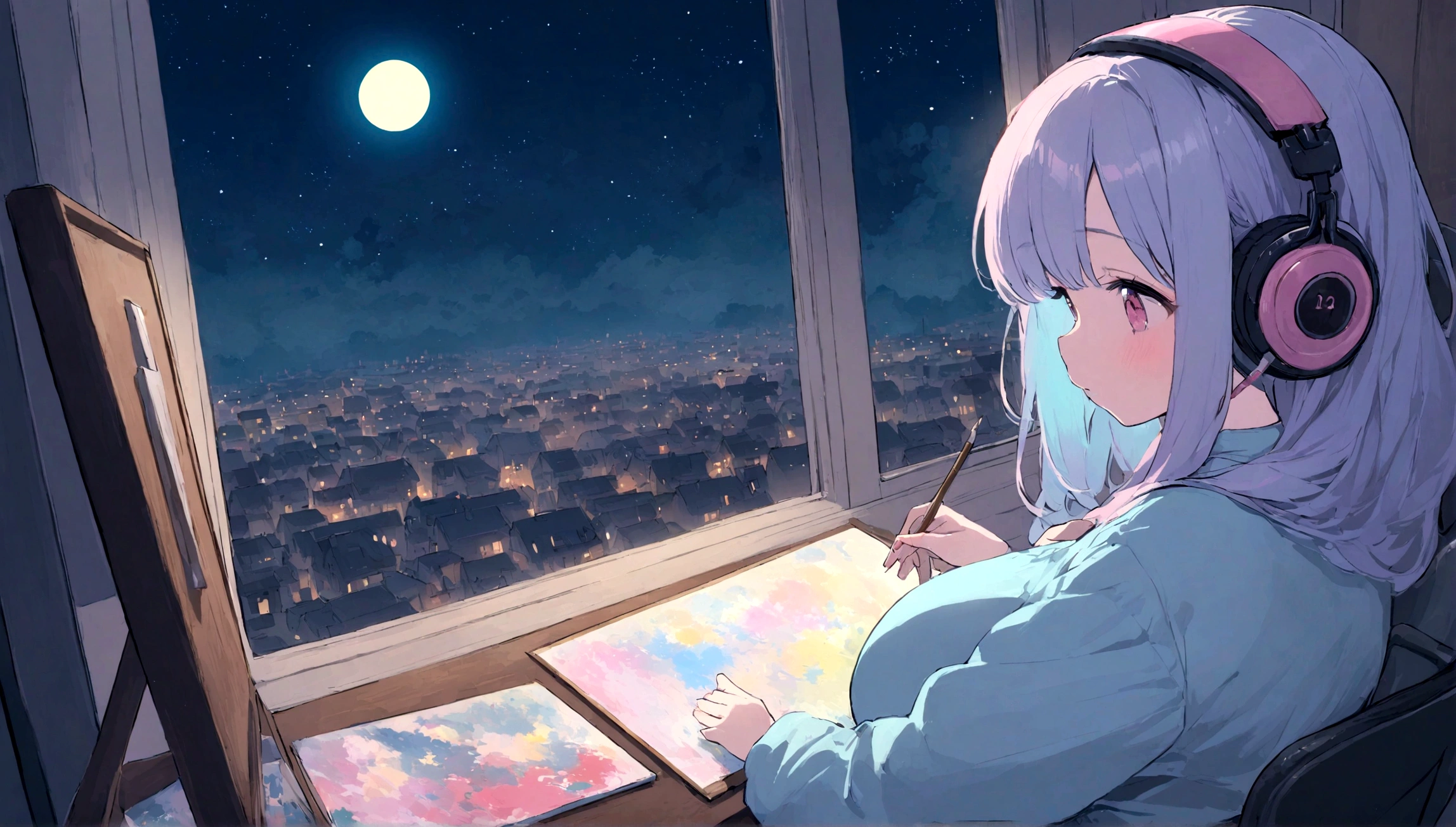 portrait、512、lofi、Girl with headphones sitting in a chair studying、City view outside the window、night、Pastel colors、Painting, lots of stars and moon, super big breast,pank rock