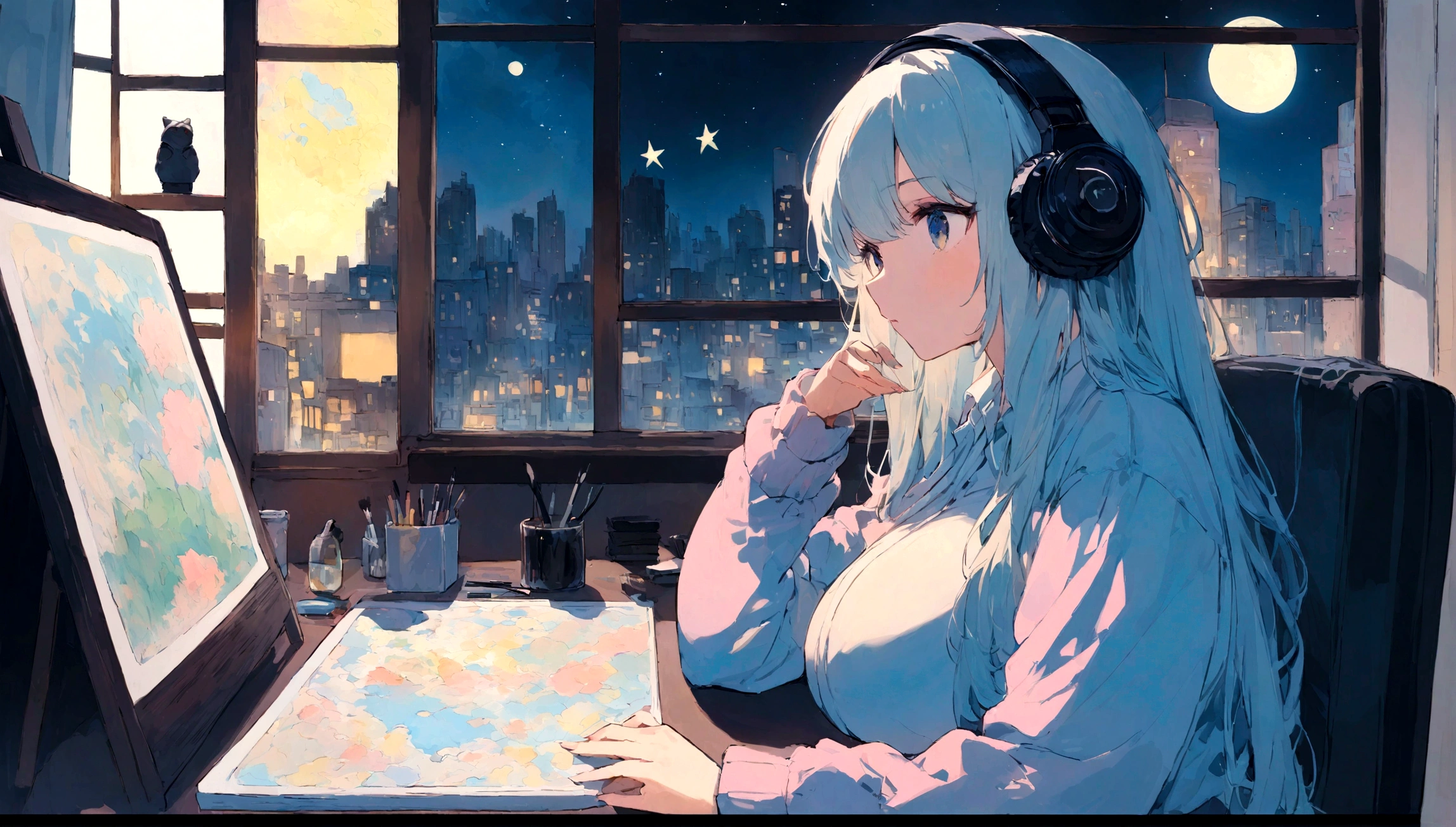 portrait、512、lofi、Girl with headphones sitting in a chair studying、City view outside the window、night、Pastel colors、Painting, lots of stars and moon, super big breast,pank rock