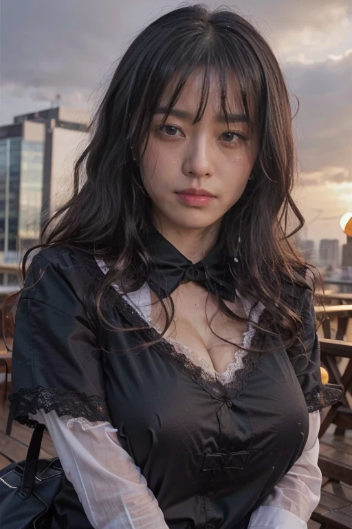At sunset，rain天，outdoor，(8K, best quality, masterpiece: 1.2), (Practical, Reality: 1.37), Super detailed, 1 girl, Lovely, Solitary, Beautiful and detailed sky, Detailed café, night, sit, date, ( blush), (Crying emoticon: 1.15), ????????????, Cleavage，Beautiful details, (Collared shirt、Wet shirt: 1.3), night, wet, Business Attire, rain, White lace, (Long curly hair: 1.2), Flowing HairNovaFrogStyle,