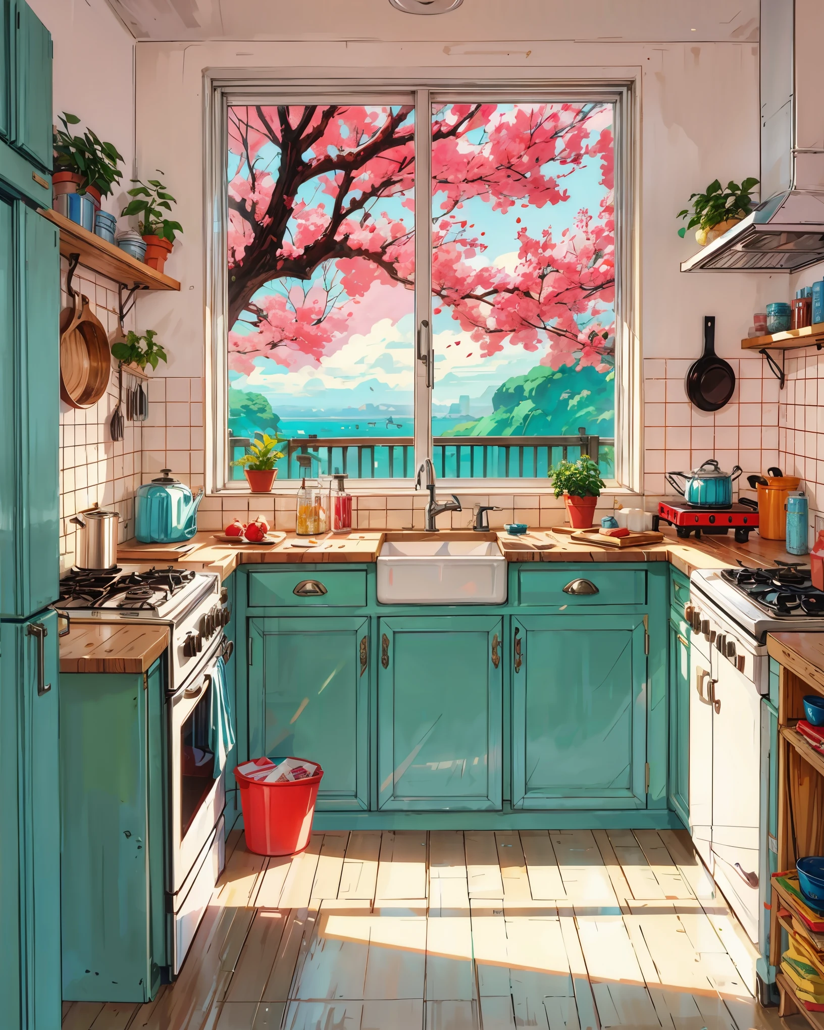 a painting of a kitchen with a cherry tree in the window, cute kitchen, anime asthetic, kitchen background, house kitchen on a sunny day, aesthetic award winning anime, kitchen, ghibli studio style, anime. by makoto shinkai, maison ikkoku, by Edward Okuń, studio ghibli aesthetic, studio ghibli color cheme, anime aesthetic, ghibli artstyle, HD, UHD, HDR, 32 K