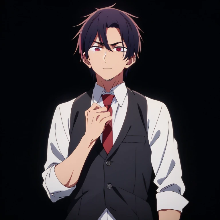 A very good-looking male student cool black spiky hair with attractive red lizard eyes, tall and muscular in a for Yotaka Highschool from Oshinoko
