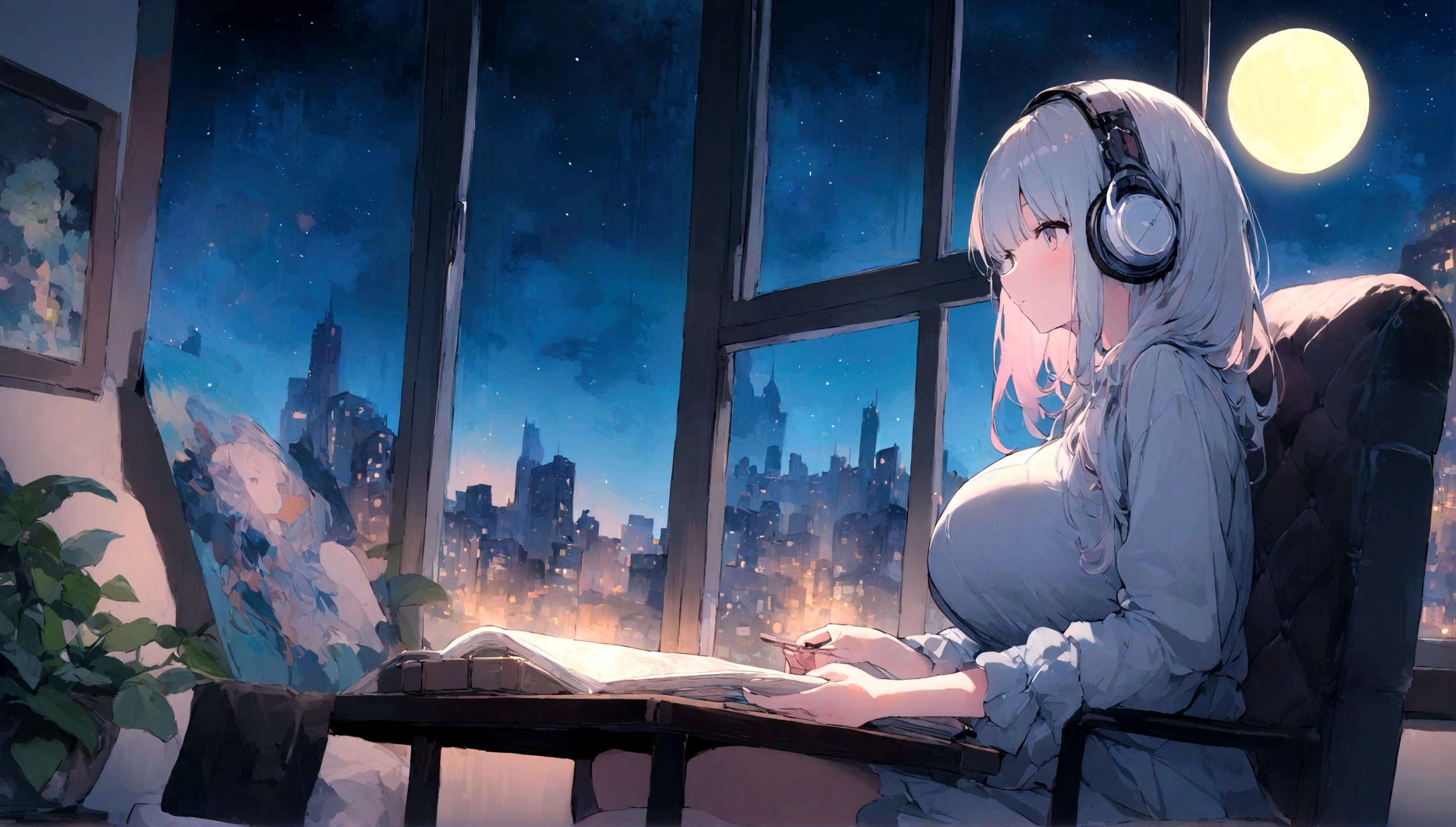 portrait、512、lofi、Girl with headphones sitting in a chair studying、City view outside the window、night、Pastel colors、Painting, lots of stars and moon, super big breast,pank rock