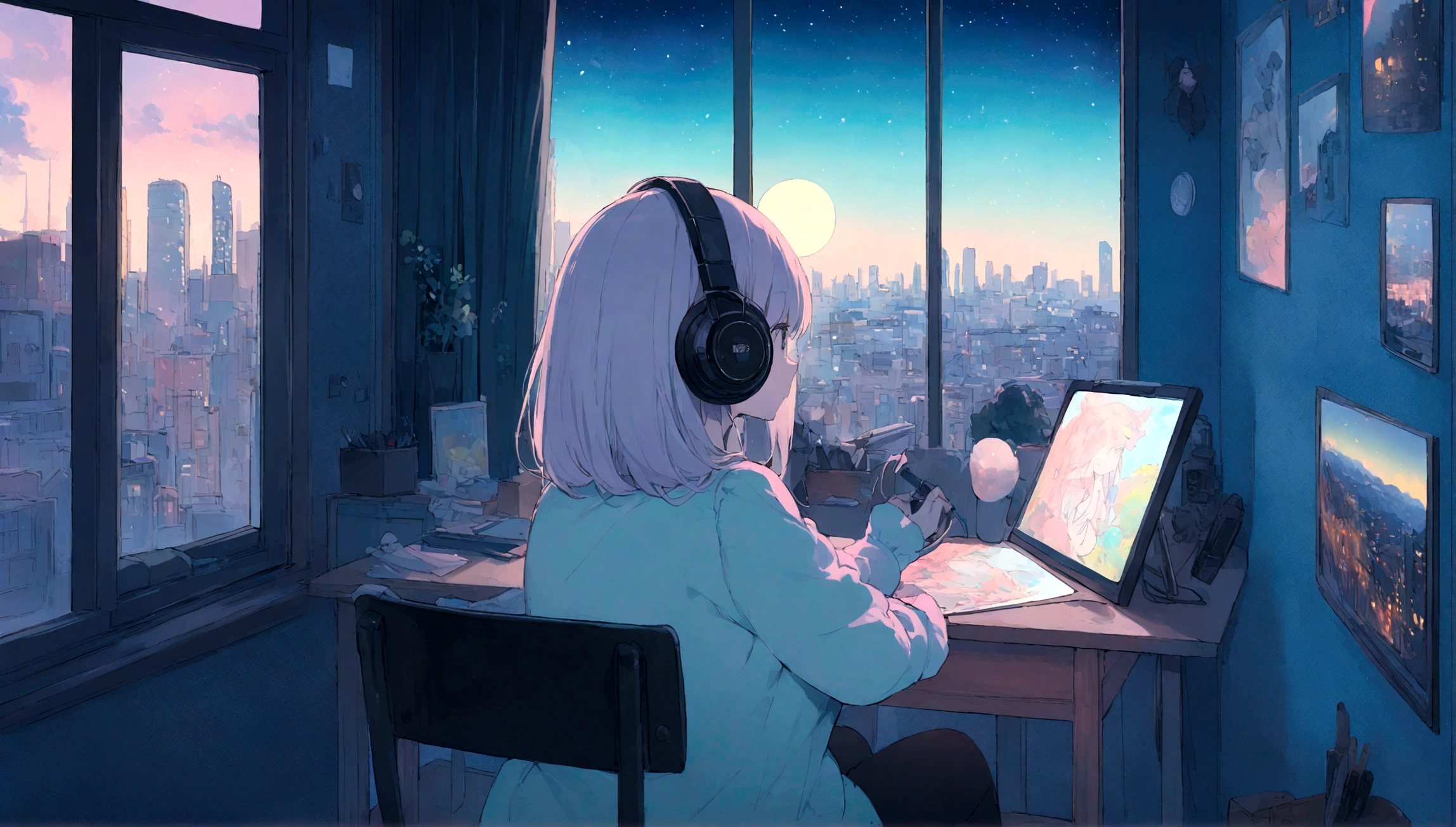 portrait、512、lofi、Girl with headphones sitting in a chair studying、City view outside the window、night、Pastel colors、Painting, lots of stars and moon, super big breast,pank rock