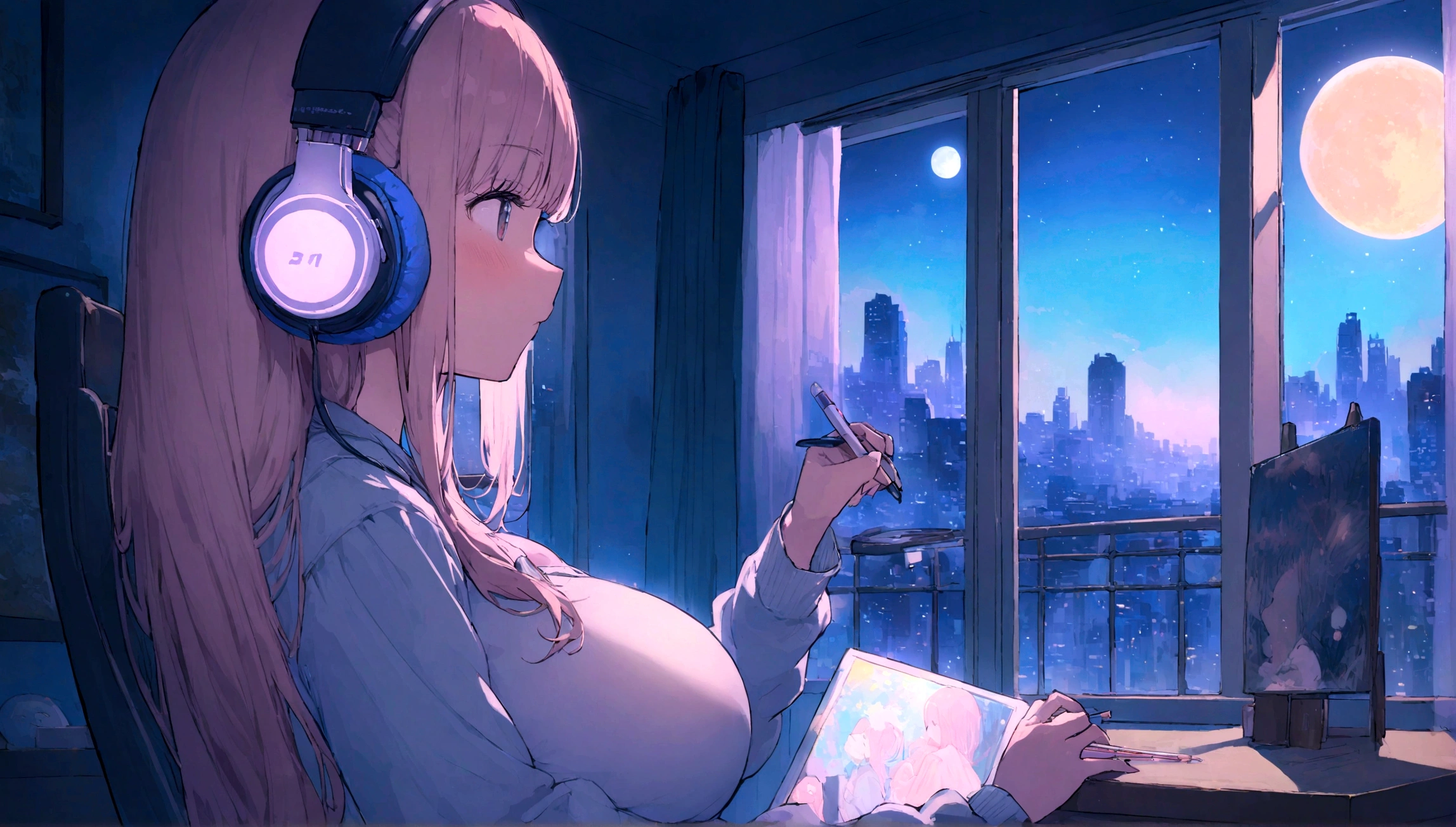portrait、512、lofi、Girl with headphones sitting in a chair studying、City view outside the window、night、Pastel colors、Painting, lots of stars and moon, super big breast,pank rock