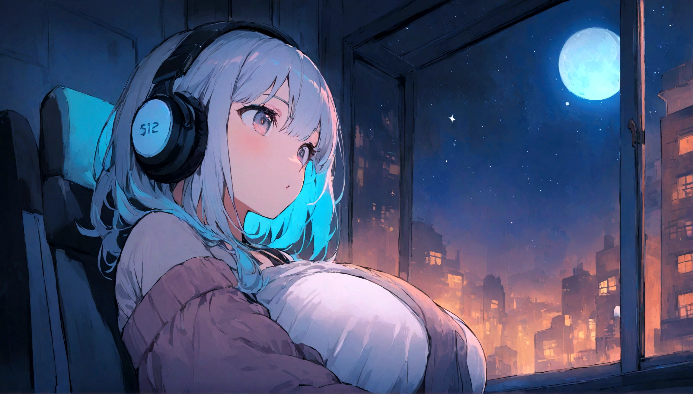 portrait、512、lofi、Girl with headphones sitting in a chair studying、City view outside the window、night、Pastel colors、Painting, lots of stars and moon, super big breast,pank rock
