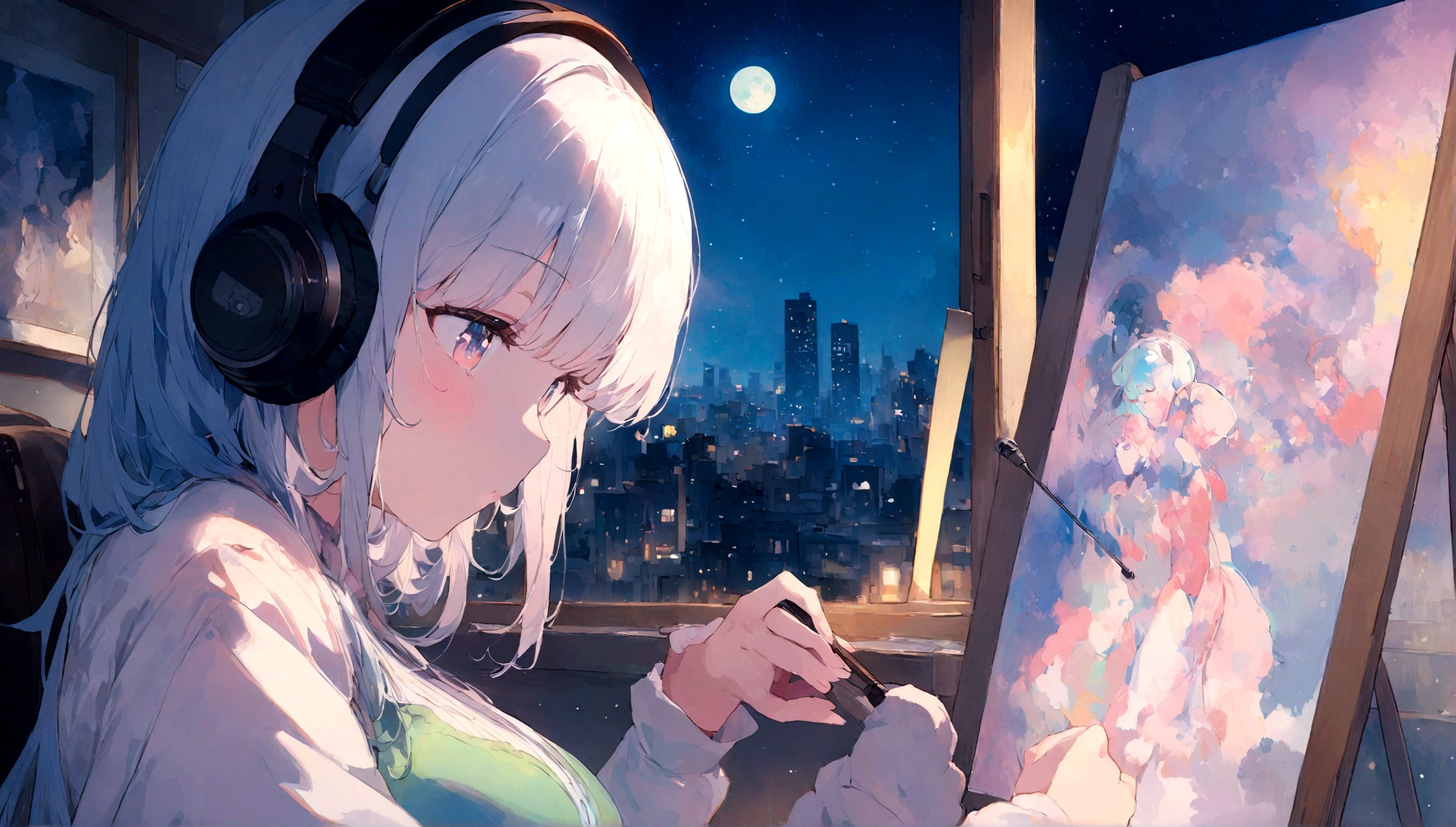 portrait、512、lofi、Girl with headphones sitting in a chair studying、City view outside the window、night、Pastel colors、Painting, lots of stars and moon, super big breast,pank rock