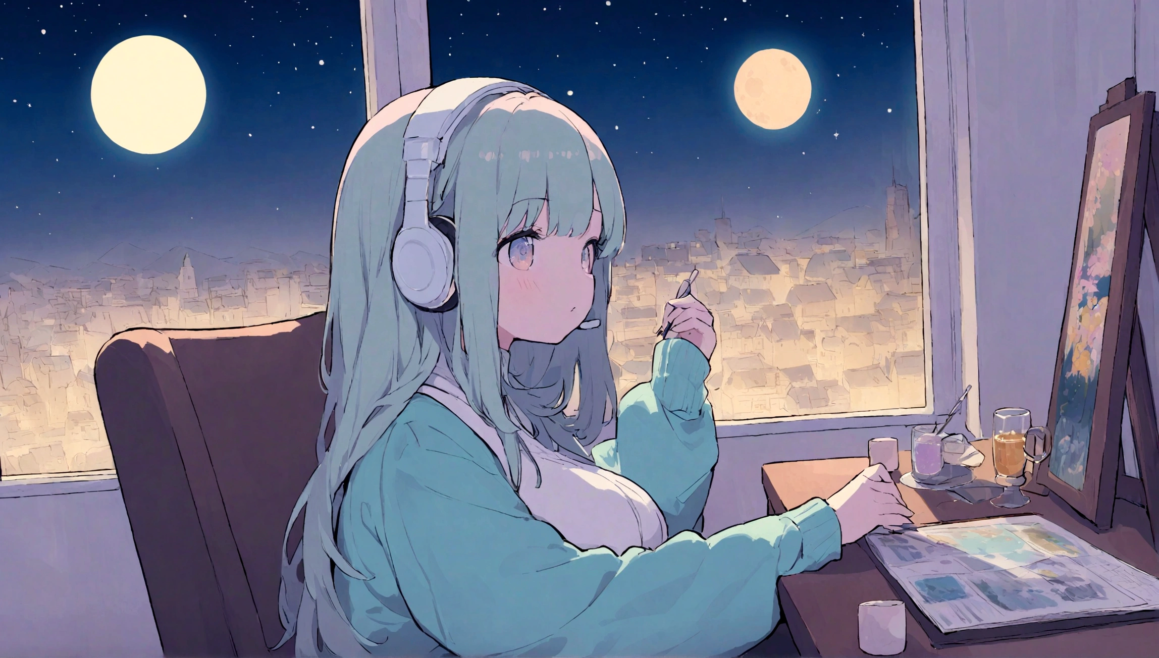 portrait、512、lofi、Girl with headphones sitting in a chair studying、City view outside the window、night、Pastel colors、Painting, lots of stars and moon, super big breast,pank rock