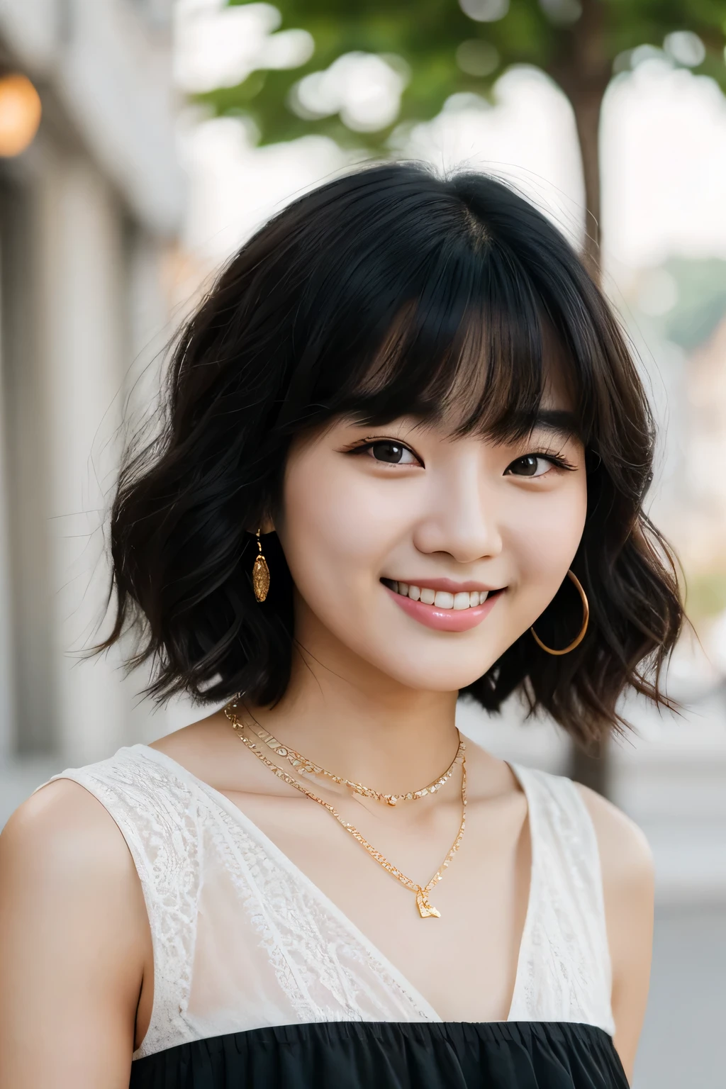 20A beautiful young woman、 Korean women、Black Hair、Wavy Hair、Short Haircut、Ear piercing、Necklace around the neck、blouse、smile, Beautiful teeth alignment、Intricate details, Very detailed:1.2), 、 Looking at the camera,The background is the town