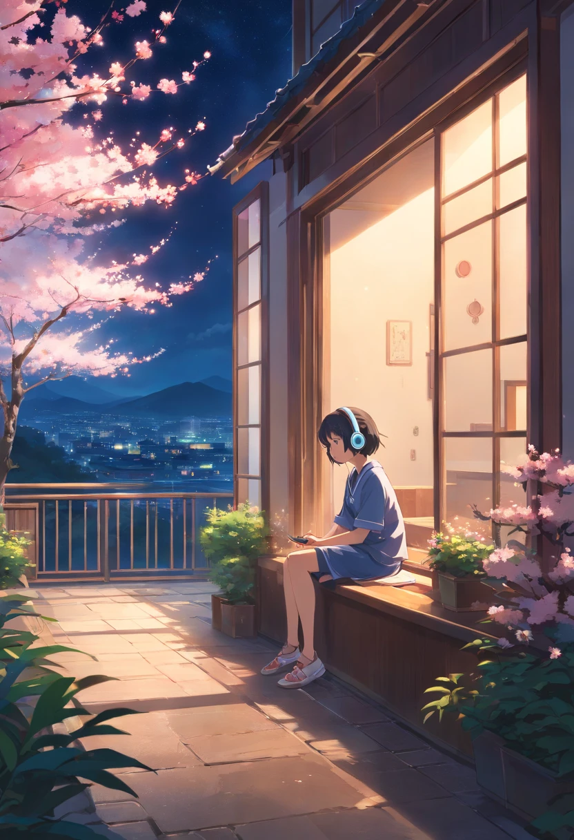 Young girl sitting by the window in a room and listening to music on headphones, Outside the window, a cherry blossom tree under the starry sky々is spreading. Capture the beauty and serenity of this scene, Flowers in the moonlight々. Japan,Kyoto