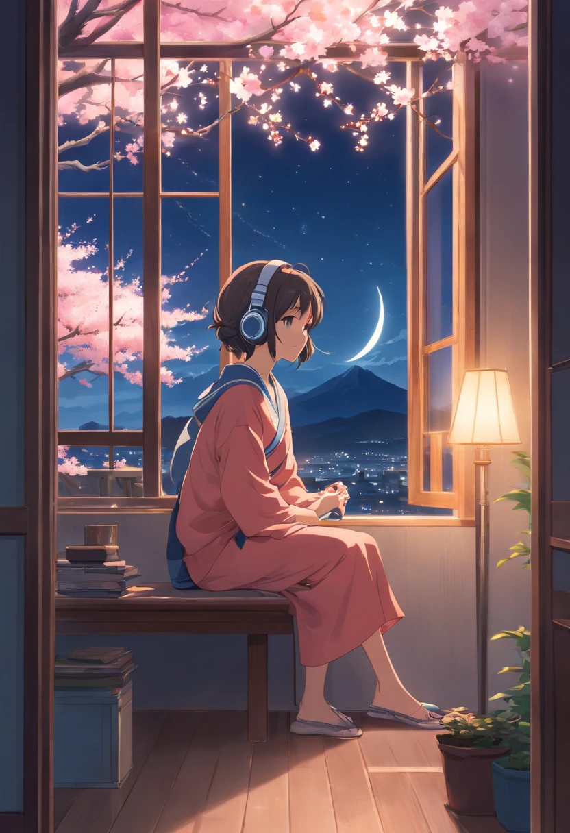 Young girl sitting by the window in a room and listening to music on headphones, Outside the window, a cherry blossom tree under the starry sky々is spreading. Capture the beauty and serenity of this scene, Flowers in the moonlight々. Japan,Kyoto