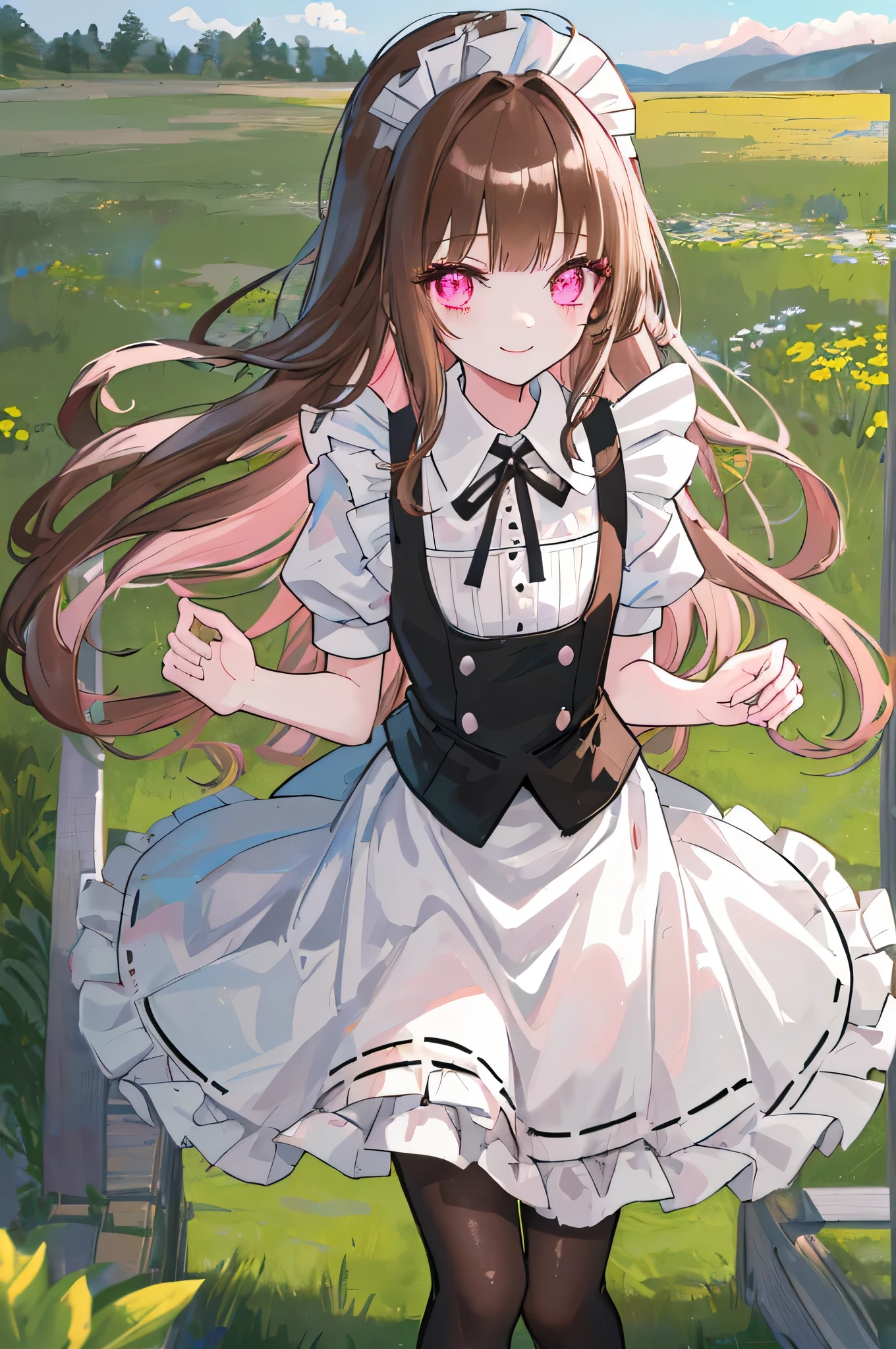 [(grassland background:1.4)::5],original,(illustration:1.1),(best quality),(masterpiece:1.1),(extremely detailed CG unity 8k wallpaper:1.1), (colorful:0.9),(mid shot:0.95),(highly detailed beautiful face and eyes),(solo:1.2), (girl),(((adult))), (detailed beautiful eyes:1.15), (beautiful face:1.15), (glowing pink eyes:1.25////),(brown long hair),(blunt bangs),(+perfect hand+:1.21),(Draw an illustration of maid girl),(Religious),(slender),(wearing maid clothes),white skin,(white and black maid clothes),laugh,smile,((((adult)))),