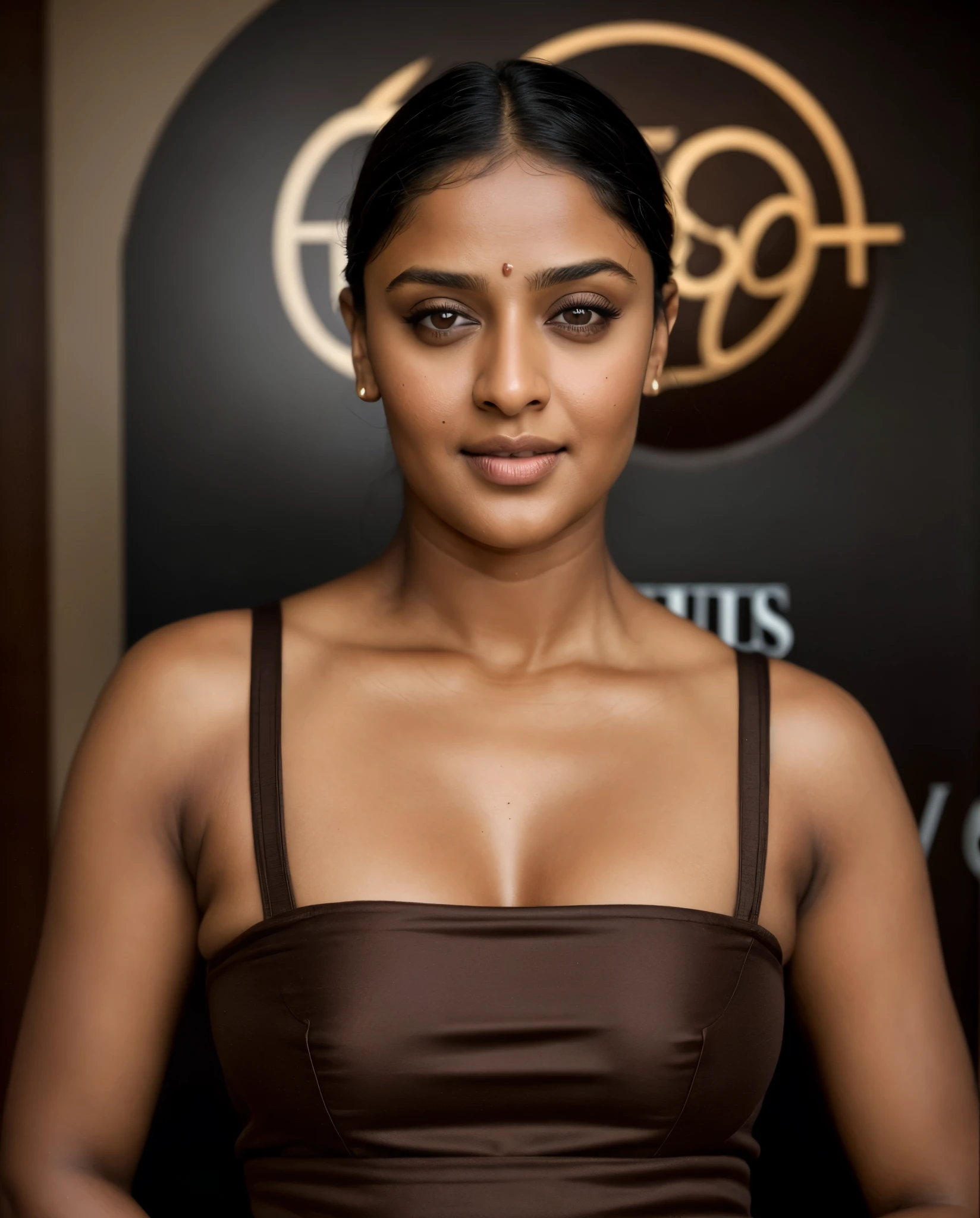 Looks like Anushka Shetty, a photo portrait of a beautiful girl 40 years old, with curls, styled black hair, (face portrait:1.5), dramatic light, Rembrandt lighting scheme, bust shot, linen tank top , top quality editorial photograph, skin texture, skin pores, chocolate skin, high quality skin, top quality photography, professional photography, professional retouching, insane detailing, warm moody tones, modern clothes, 