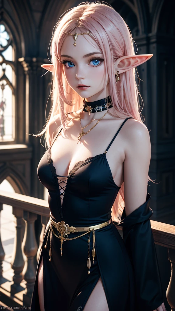 RAW, professional photograph, medium shot, photorealistic, hyper-realistic, ray tracing, super detail, UHD, 8k, female elf, twenty years old, goddess, gold jewelry, athletic body, soft facial features, long hair, straight hair, light pink hair, blue eyes, gothic style, dark Castle, gothic architecture